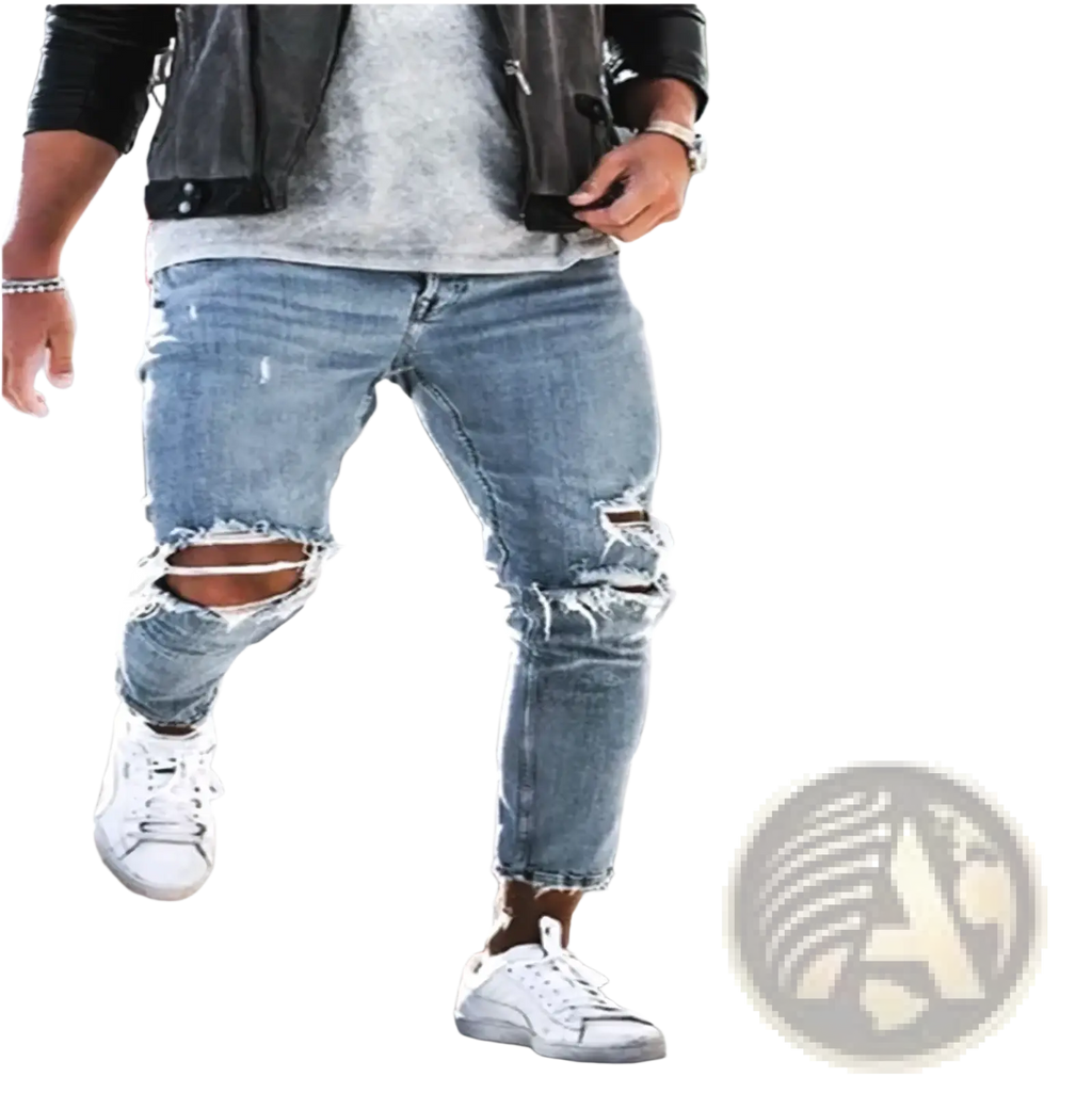 Mens distressed slim fit light wash denim jeans with ripped knees and frayed edges in a casual style