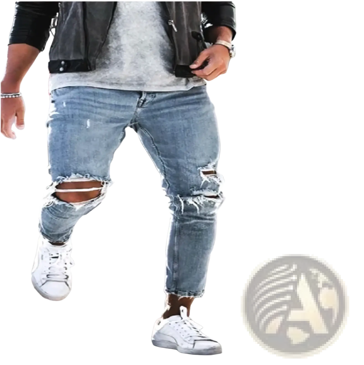 Mens distressed slim fit light wash denim jeans with ripped knees and frayed edges in a casual style