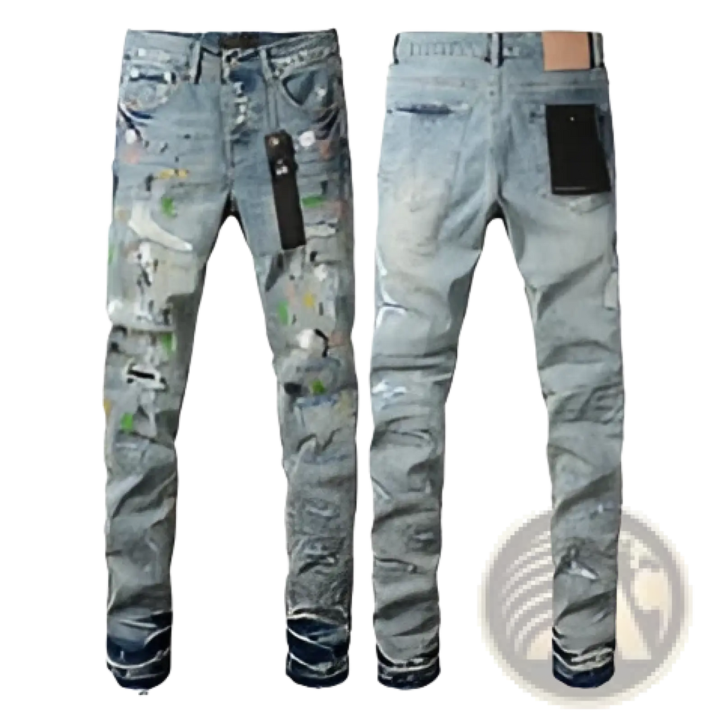 Men’s distressed slim fit light-wash denim jeans with camouflage patches and a black pocket patch visible from the back