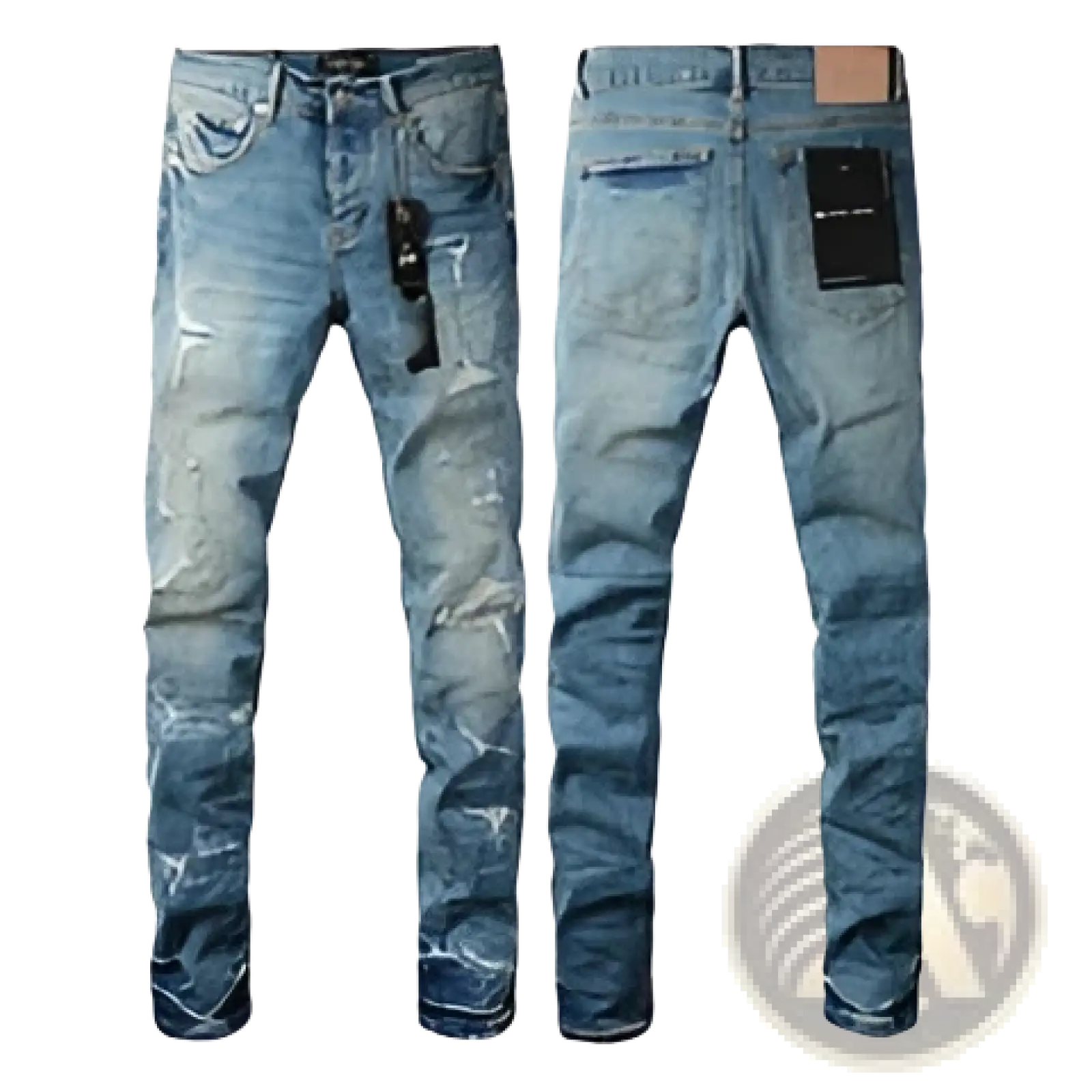 Distressed blue denim jeans with a slim fit and visible wear patterns.