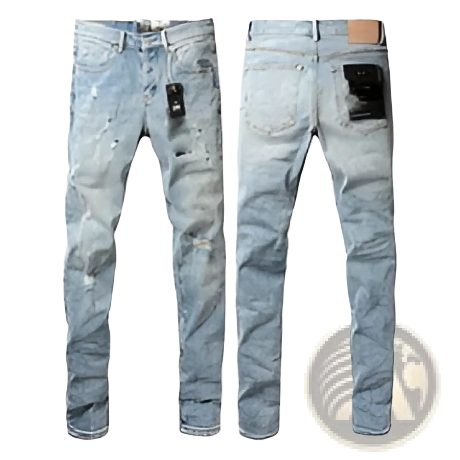 Men’s distressed slim fit patchwork denim jeans in light-wash with distressed details and classic five-pocket design