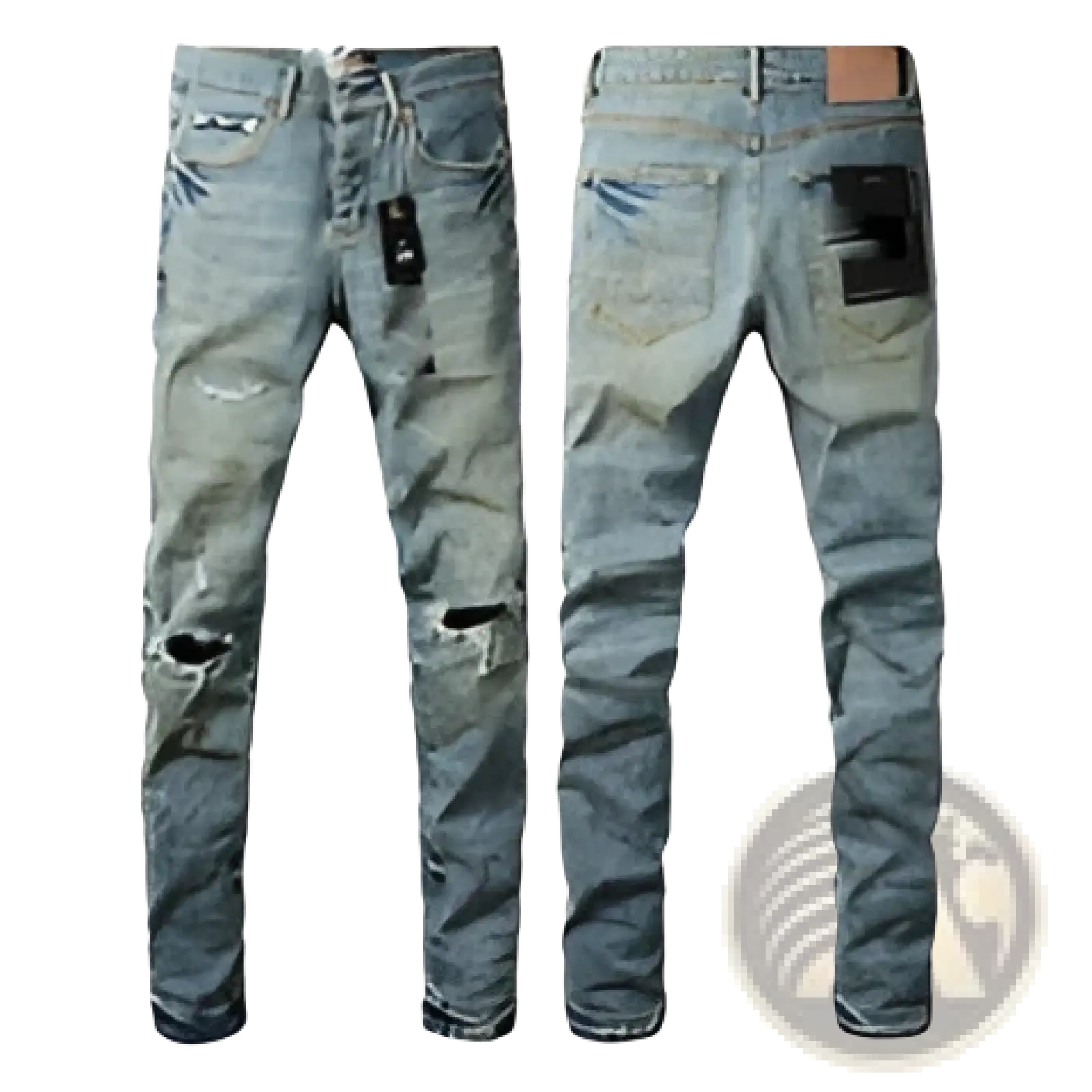 Men’s distressed slim fit patchwork denim jeans in light blue with ripped knees and faded wash made from denim material