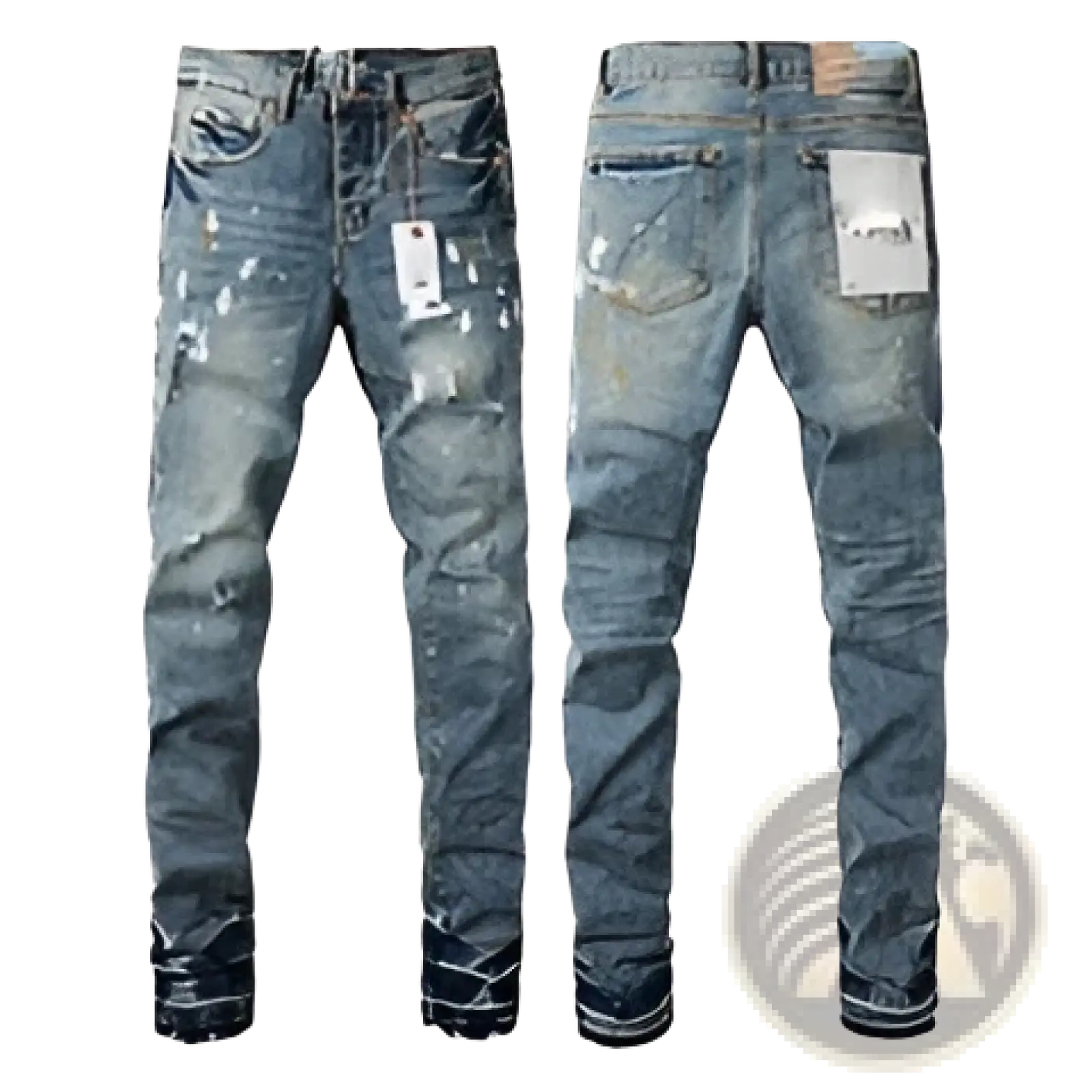 Men’s distressed slim fit blue denim jeans with white paint splatter accents and raw hem detailing