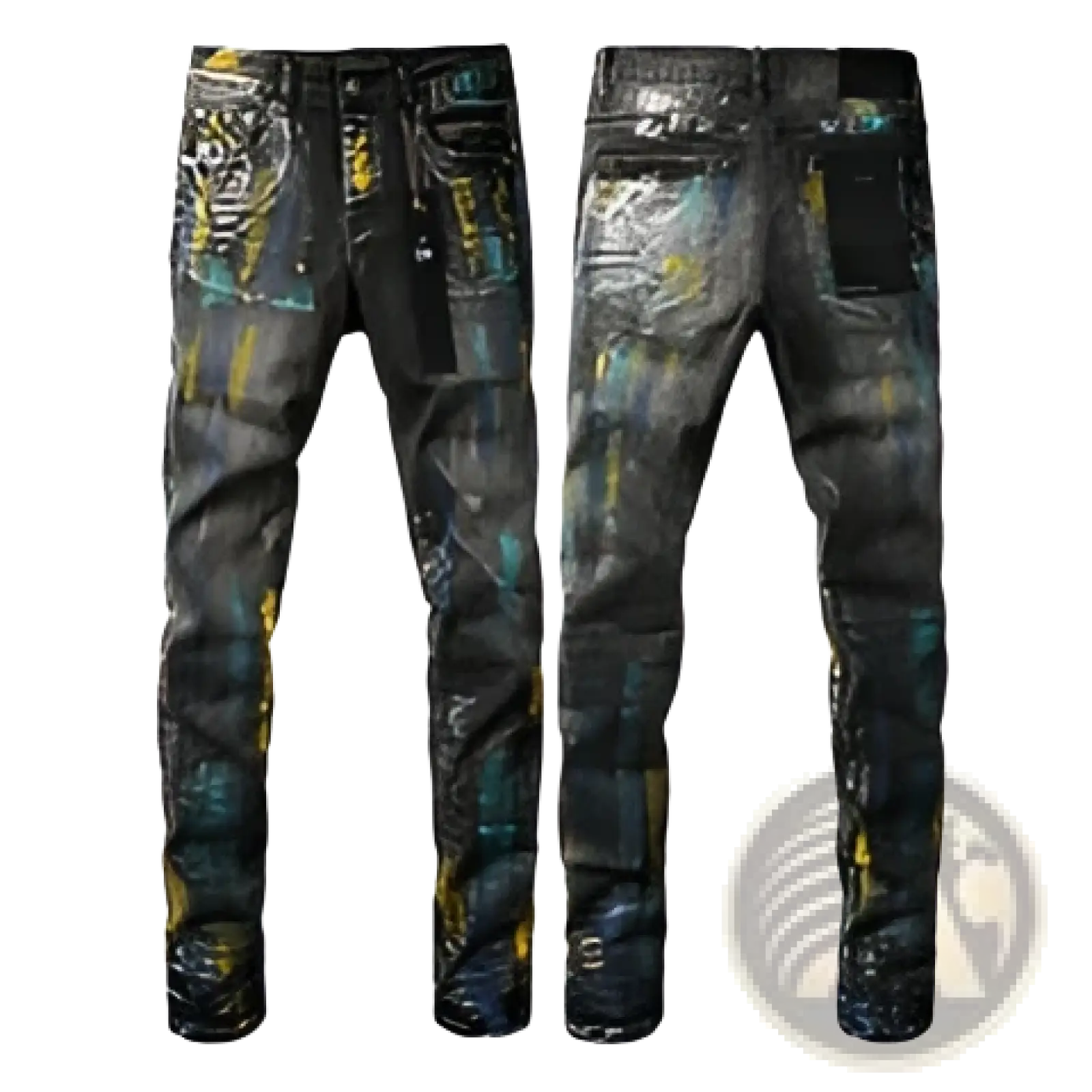 Men’s distressed slim fit black denim jeans with green and yellow graffiti style paint splatter design