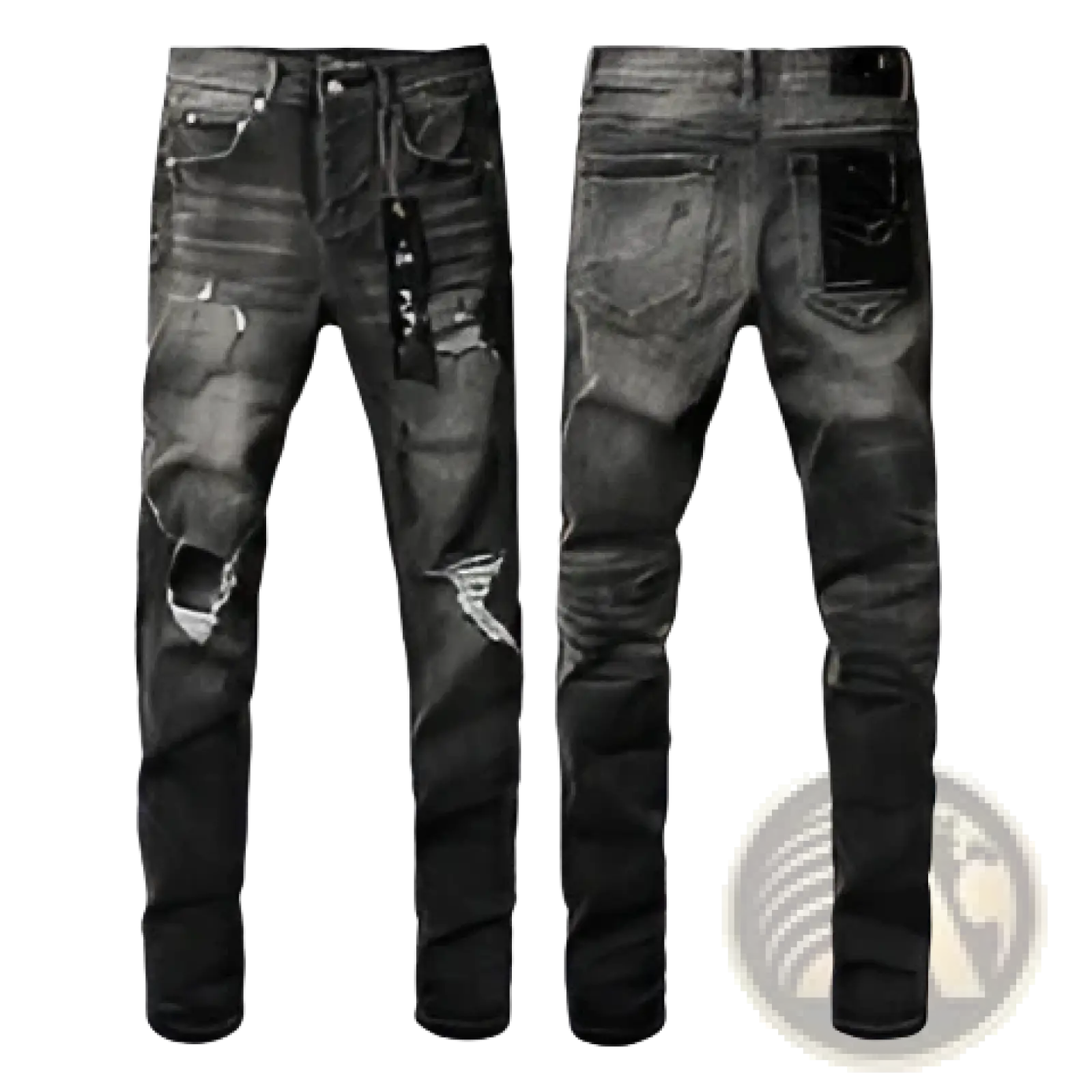 Men’s distressed slim fit dark wash denim jeans with ripped details and patchwork design in denim material