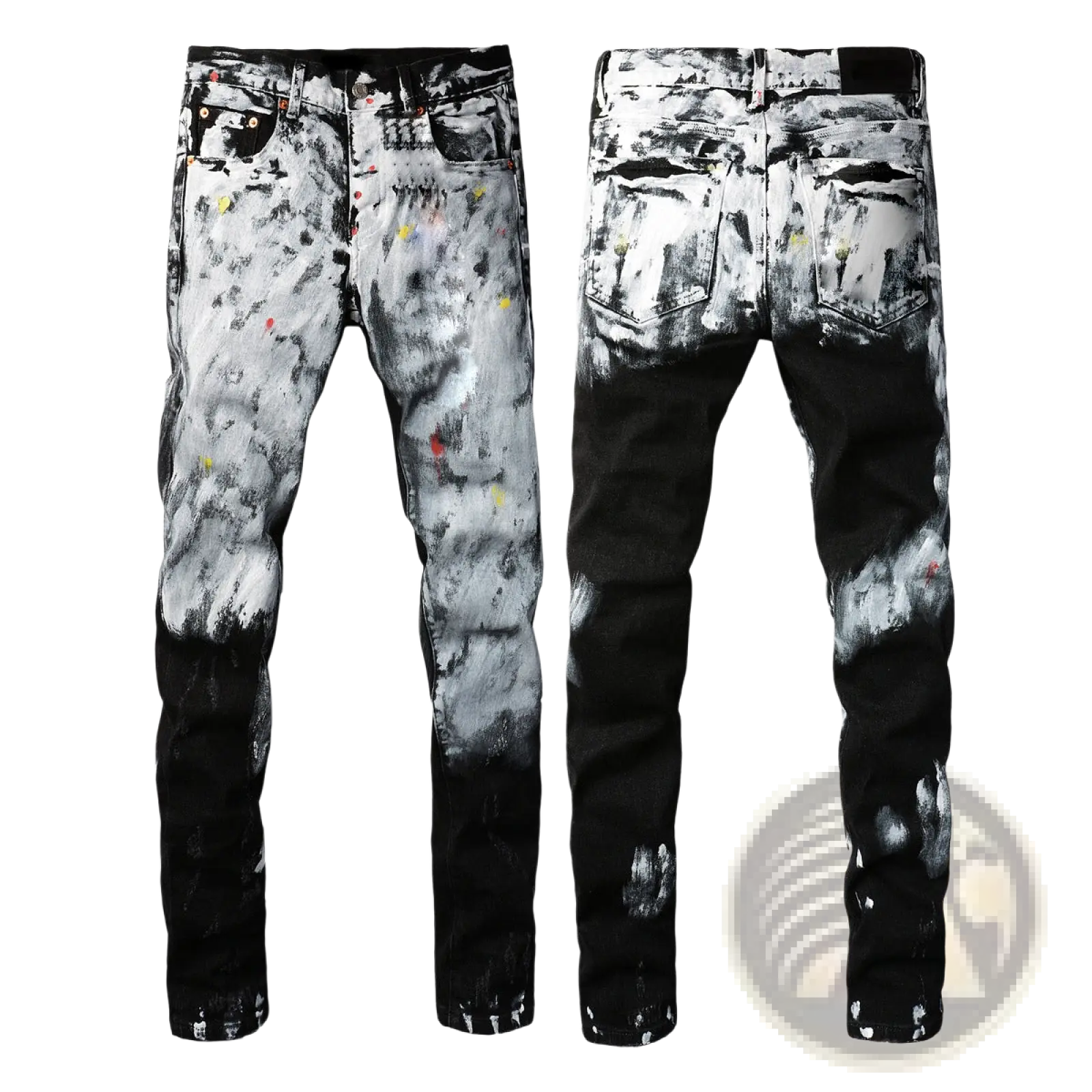 Men’s distressed slim fit patchwork denim jeans in black and white with paint splatters and colorful speckles