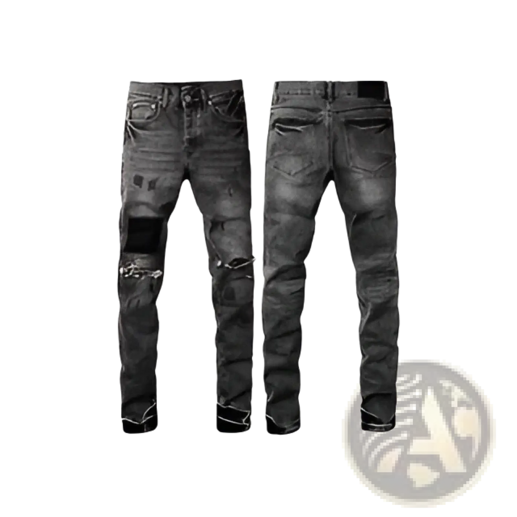 Dark-wash denim jeans with distressed, ripped knees and faded detailing.