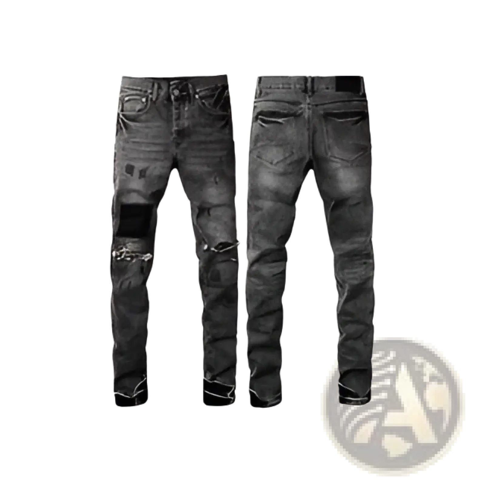 Dark-wash denim jeans with distressed, ripped knees and faded detailing.