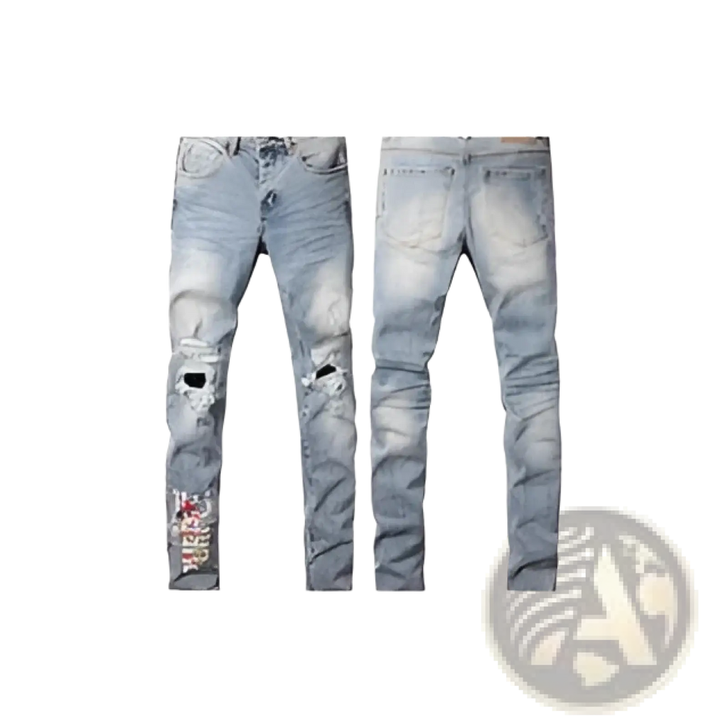 Men’s distressed slim fit light-wash denim jeans with ripped knees and a faded worn-in patchwork design