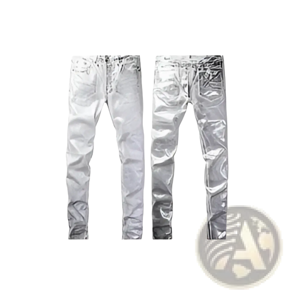 Men’s distressed slim fit patchwork denim jeans in silver metallic with a reflective glossy finish