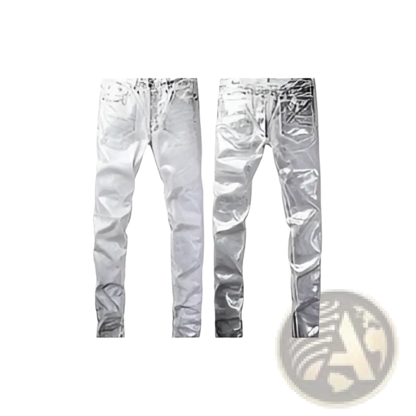 Men’s distressed slim fit patchwork denim jeans in silver metallic with a reflective glossy finish