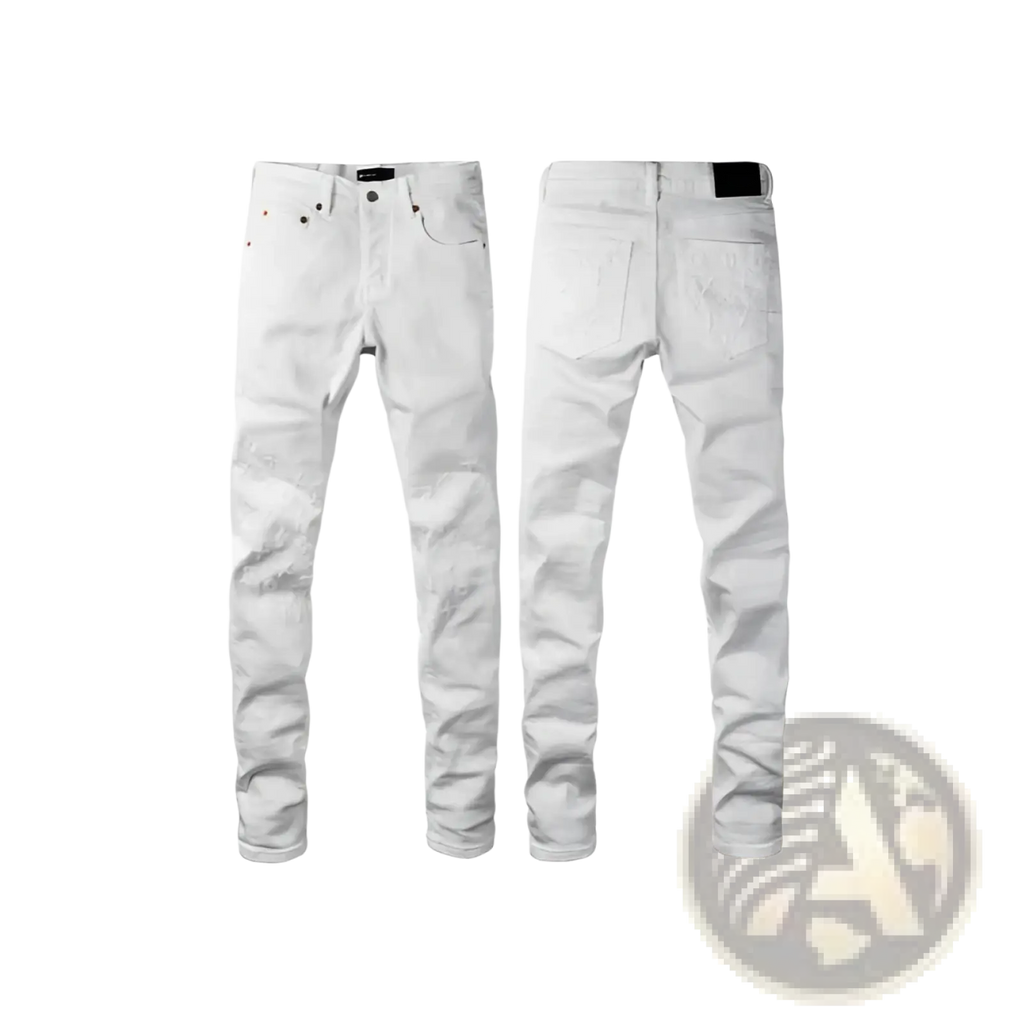 Men’s white distressed slim fit patchwork denim jeans with subtle fading and a stylish slim fit design
