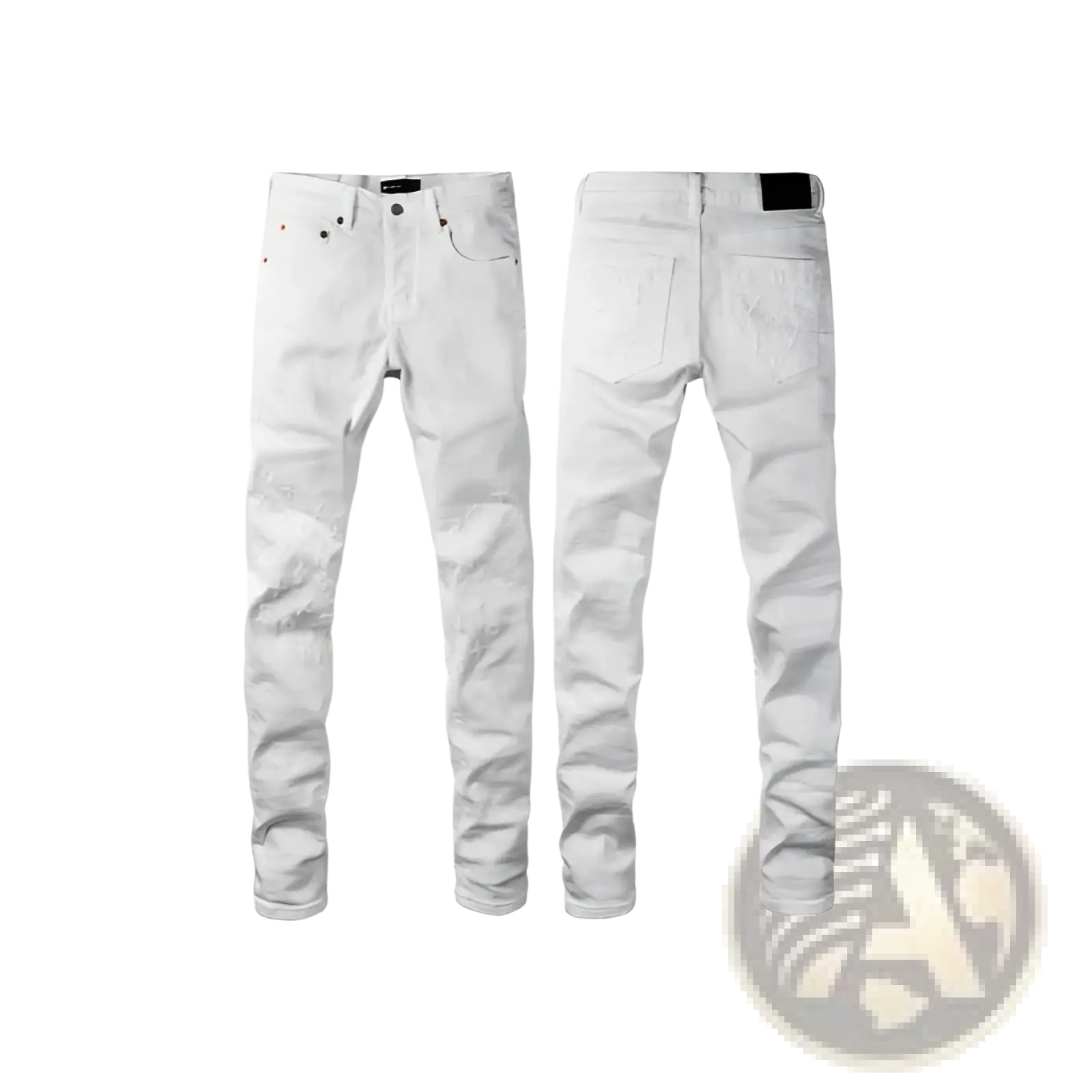 Men’s white distressed slim fit patchwork denim jeans with subtle fading and a stylish slim fit design