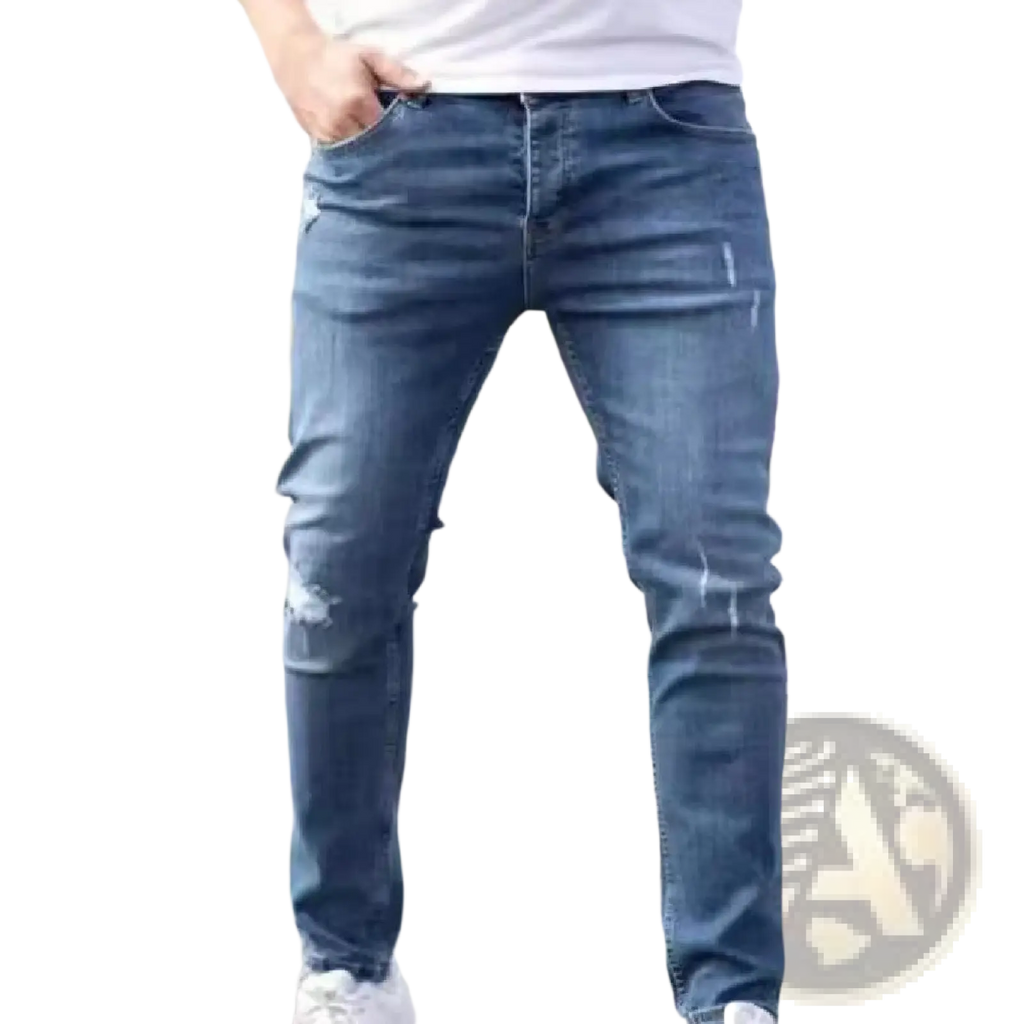 Men’s distressed slim fit dark blue stretch denim jeans with ripped details on knees and thighs