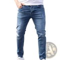 Men’s distressed slim fit dark blue stretch denim jeans with ripped details on knees and thighs