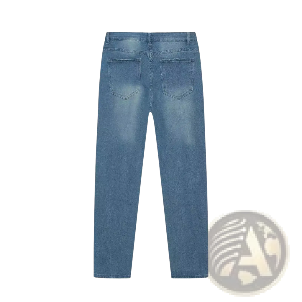 Men’s distressed slim fit stretch denim jeans in light wash with a straight-leg cut and classic back pockets shown from the back