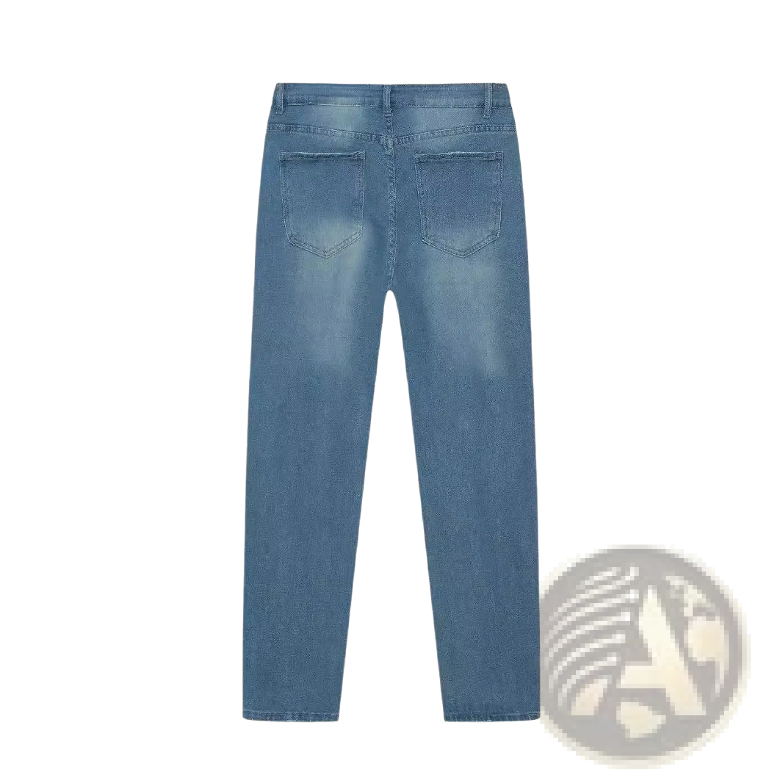 Men’s distressed slim fit stretch denim jeans in light wash with a straight-leg cut and classic back pockets shown from the back