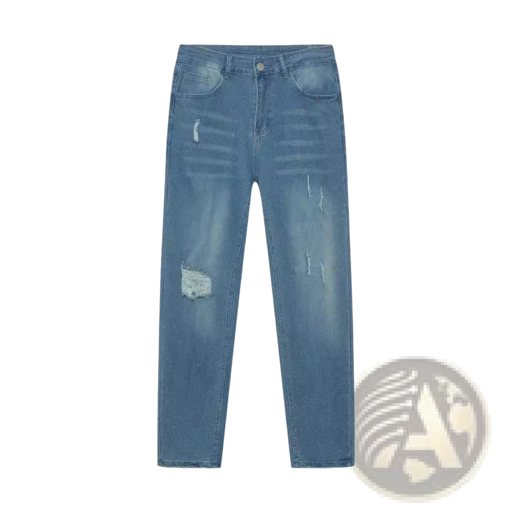 Men’s distressed slim fit stretch denim jeans in light-wash with ripped details on thighs and knees