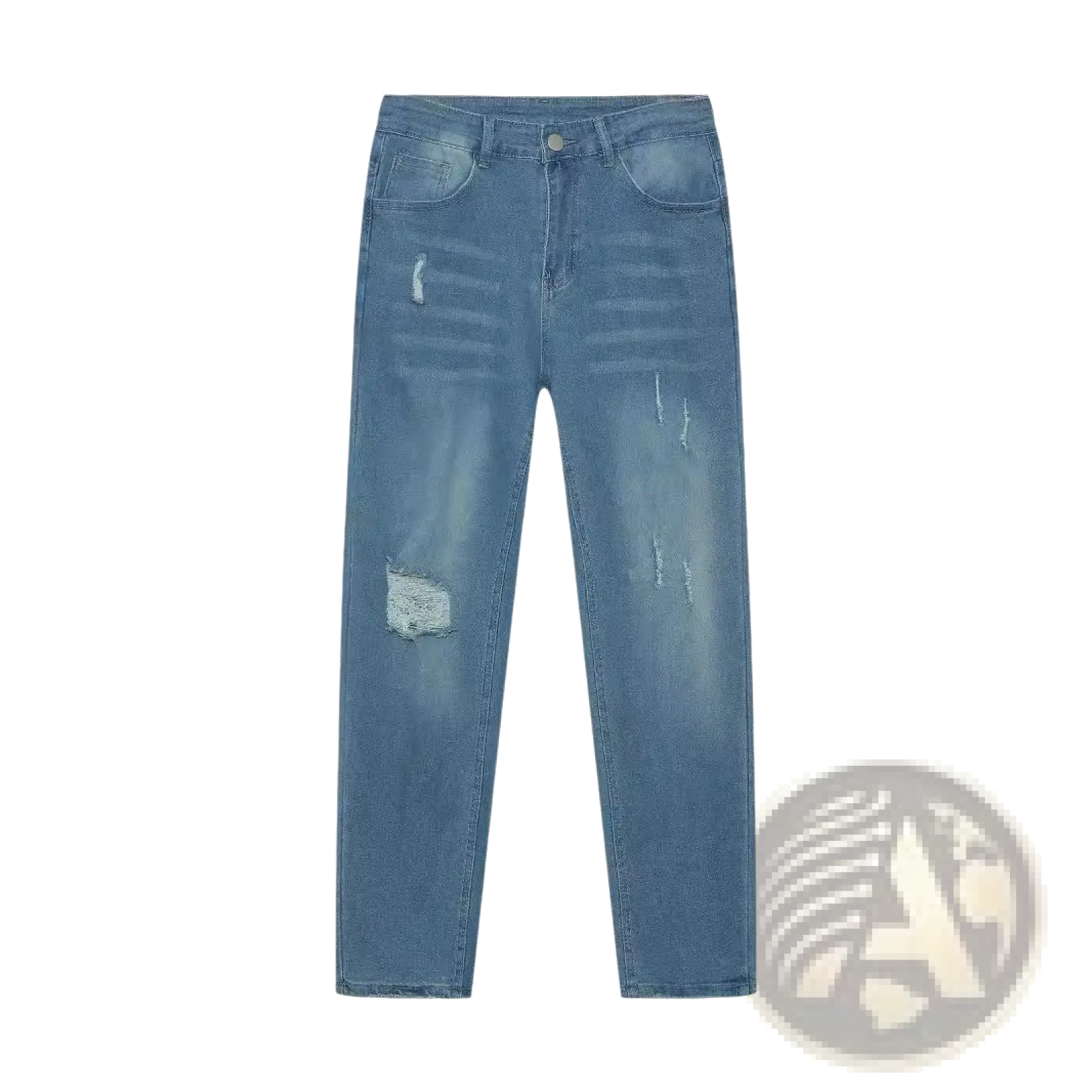 Men’s distressed slim fit stretch denim jeans in light-wash with ripped details on thighs and knees