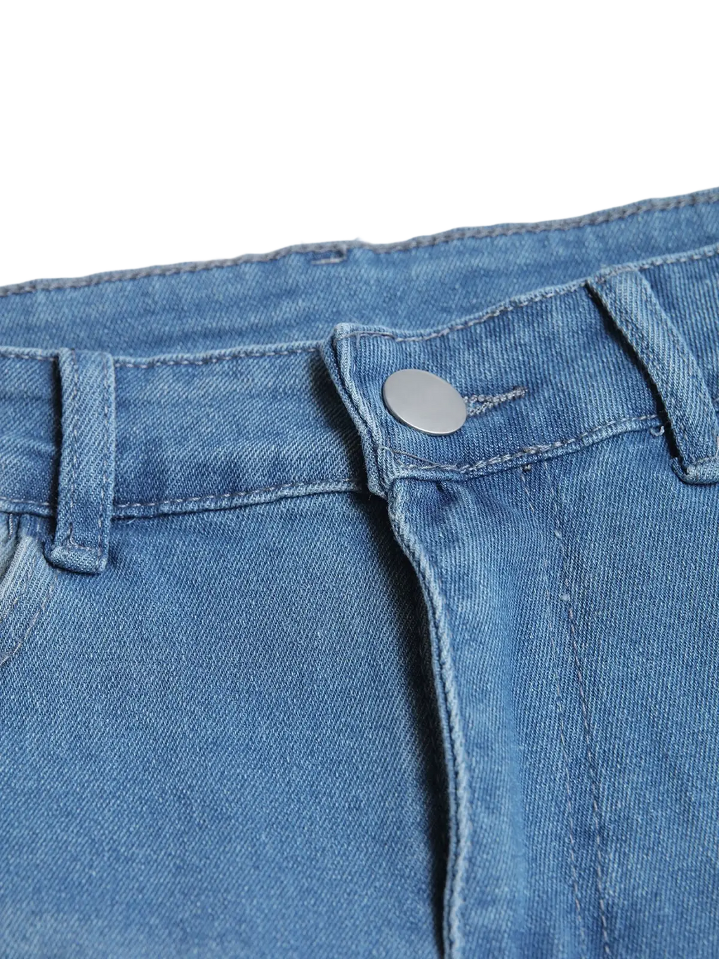 Men’s distressed slim fit stretch denim jeans in medium-wash blue with a silver button at the waistband