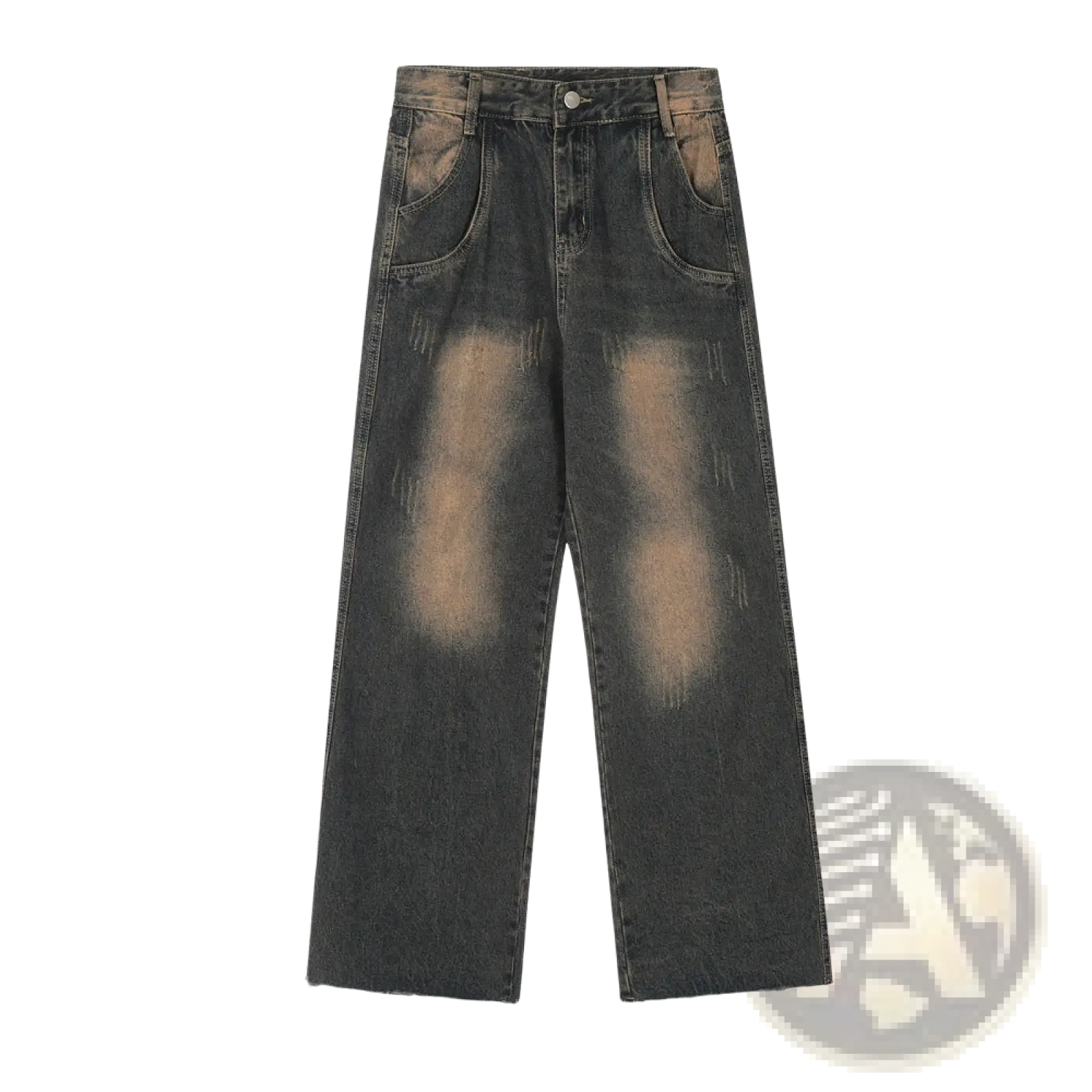 Men’s distressed straight leg black denim jeans in dark wash with faded distressed patches and frayed hems