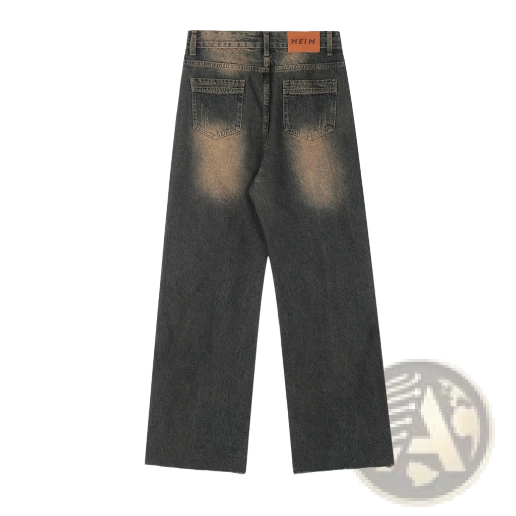 Men’s distressed straight leg black denim jeans in dark gray with a faded wash and frayed hems