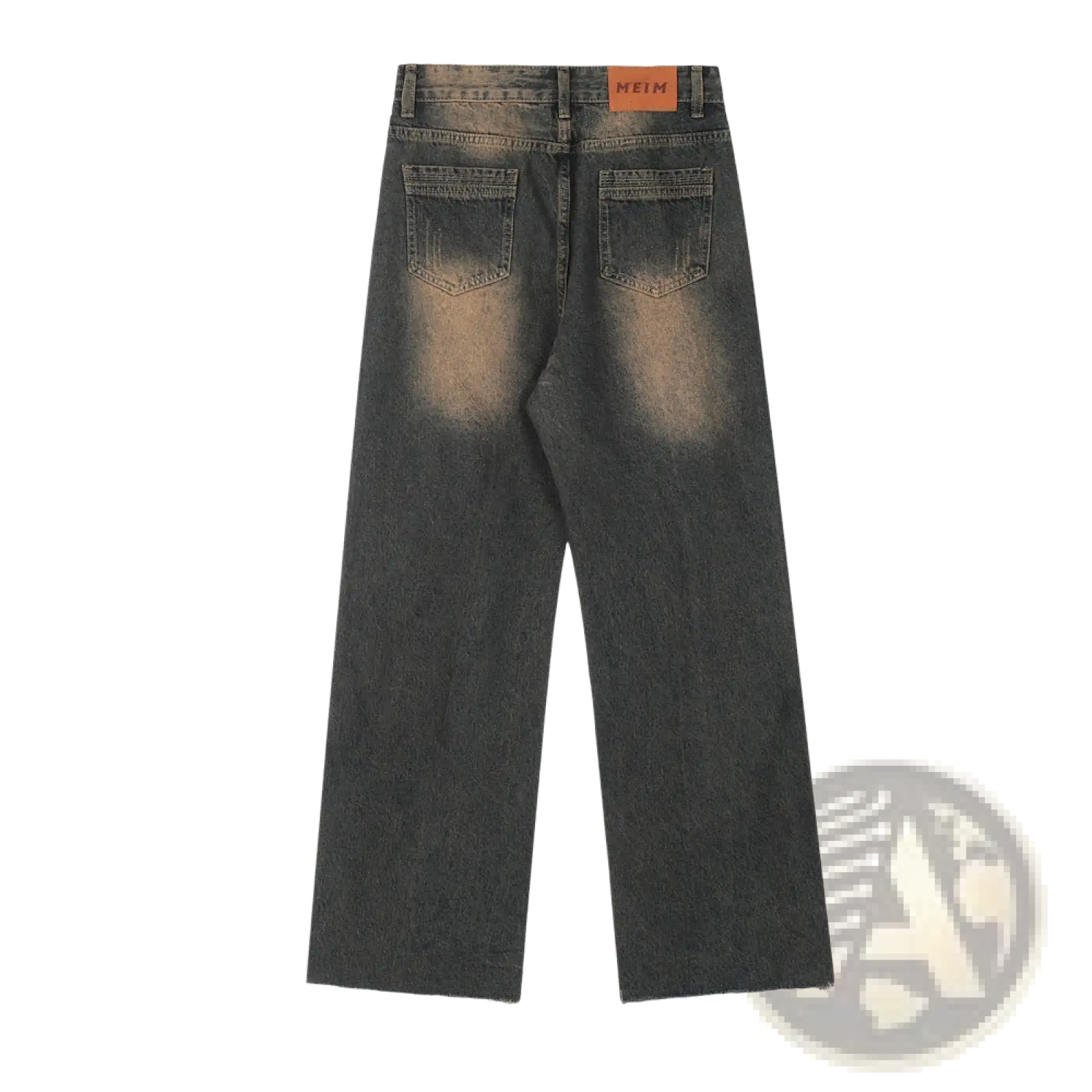 Men’s distressed straight leg black denim jeans in dark gray with a faded wash and frayed hems