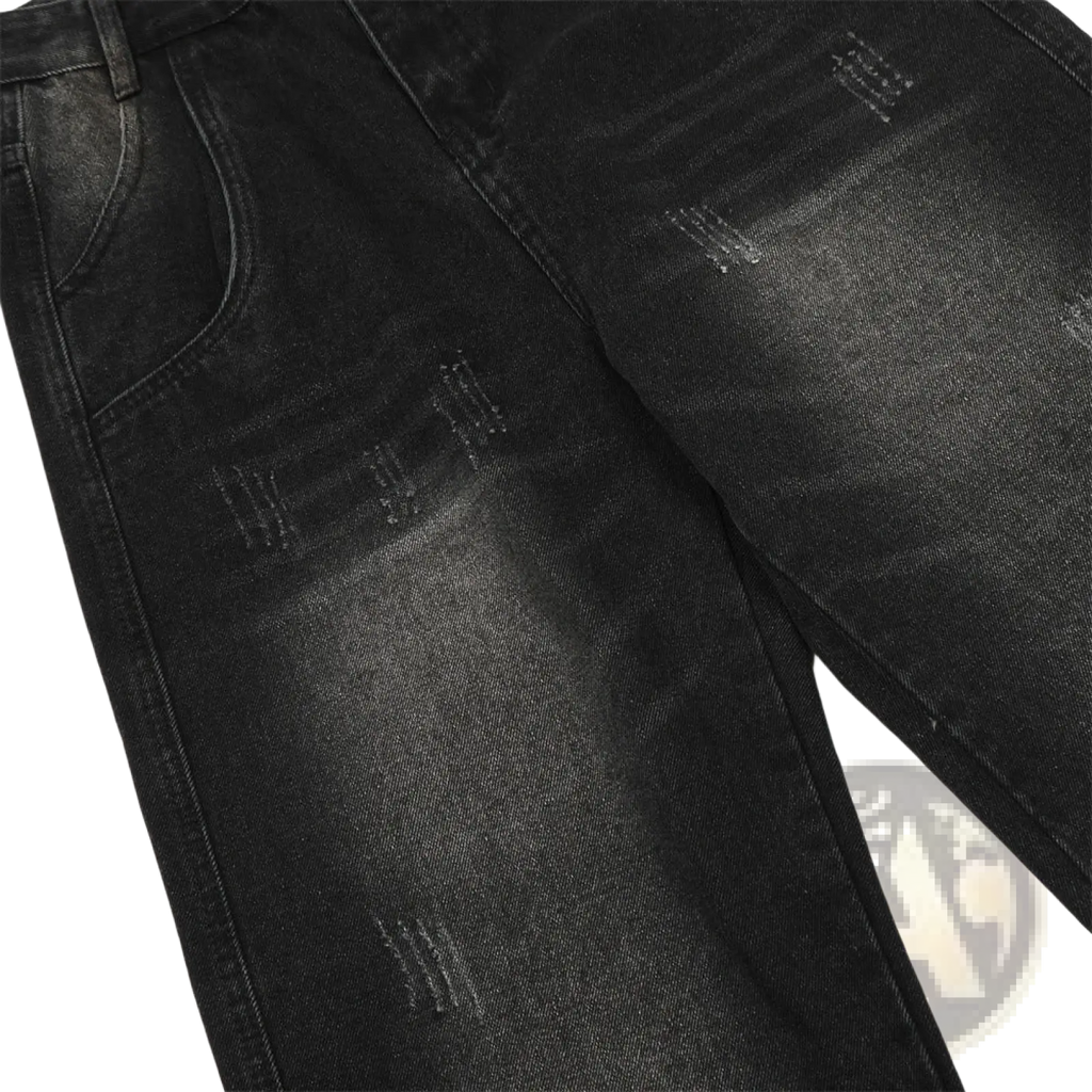 Men’s distressed straight leg black denim jeans in black with subtle fading and ripped details on durable denim fabric