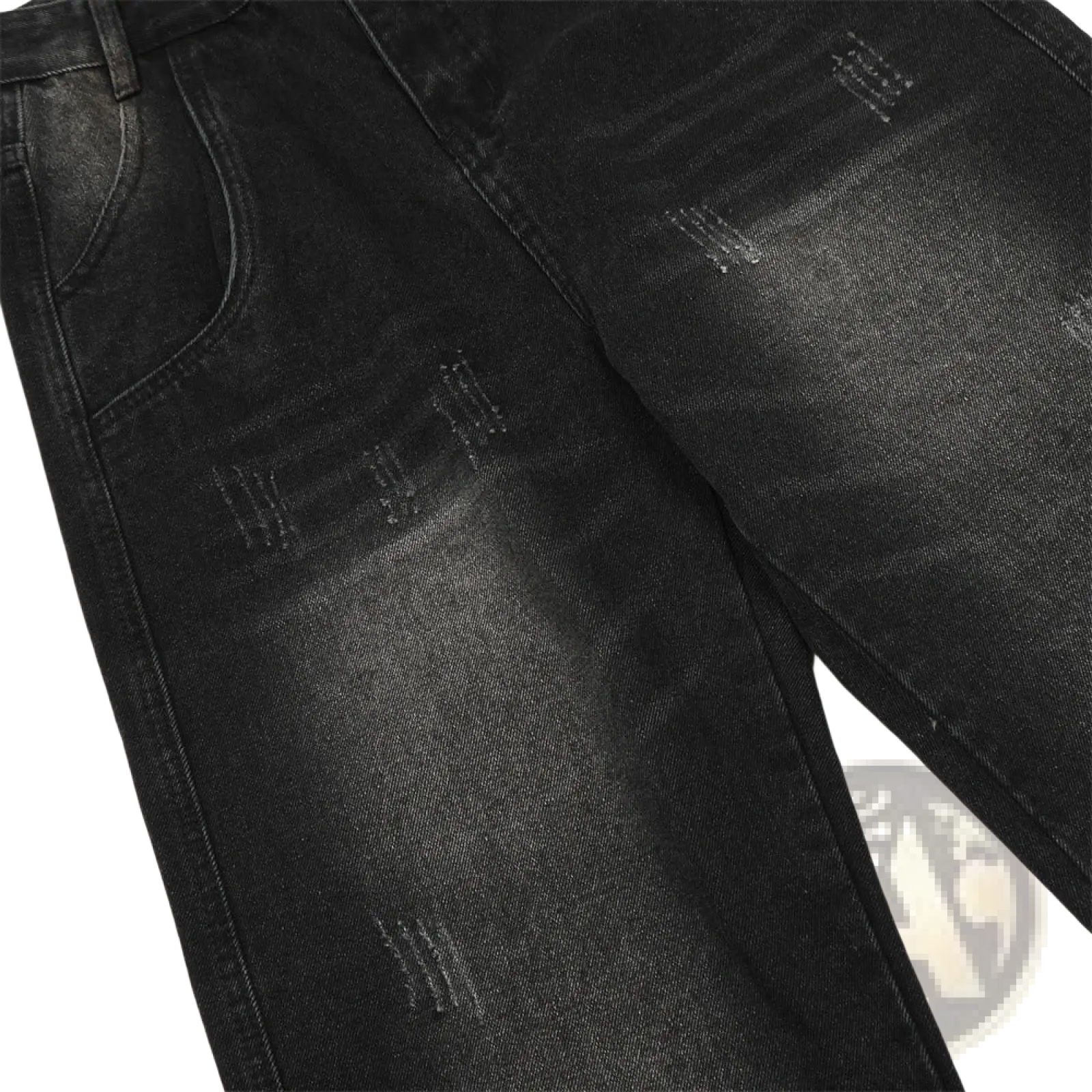 Men’s distressed straight leg black denim jeans in black with subtle fading and ripped details on durable denim fabric