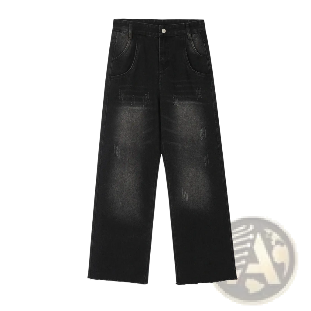 Men’s distressed straight leg black denim jeans featuring wide-leg style with faded patches and frayed hems
