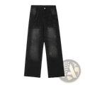 Men’s distressed straight leg black denim jeans featuring wide-leg style with faded patches and frayed hems