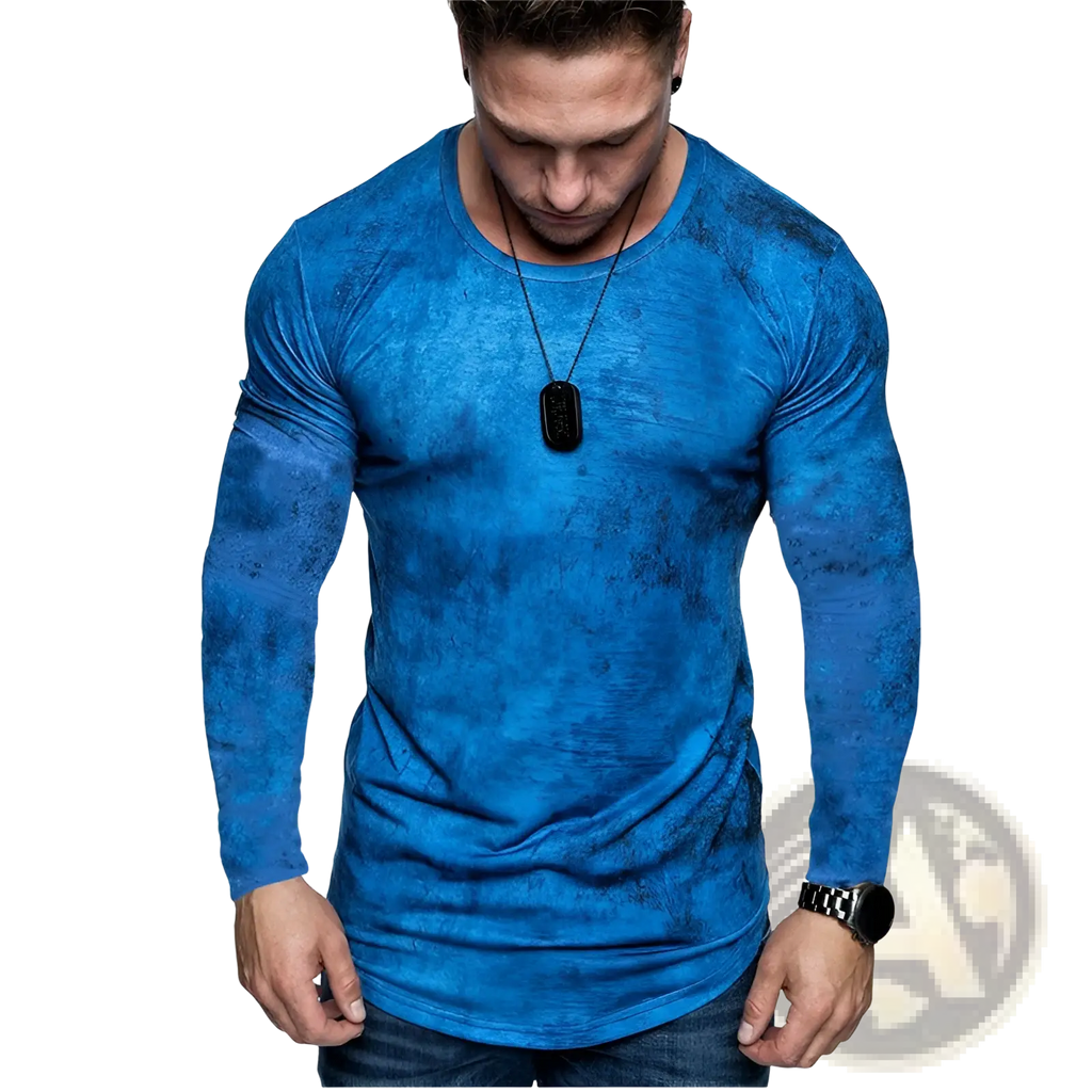 Men’s blue fitted long sleeve t-shirt with a distressed textured pattern made from soft cotton fabric