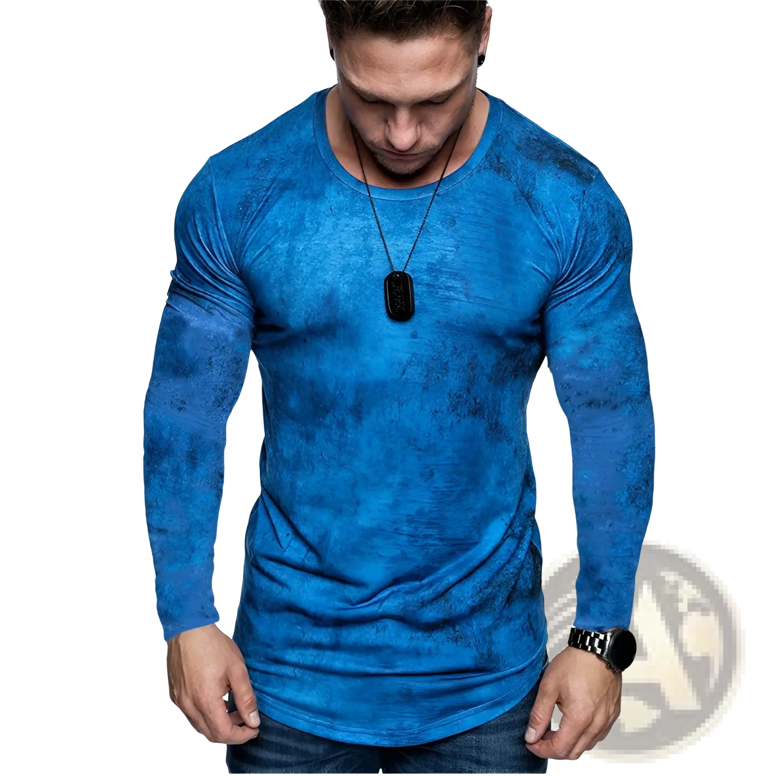 Men’s blue fitted long sleeve t-shirt with a distressed textured pattern made from soft cotton fabric
