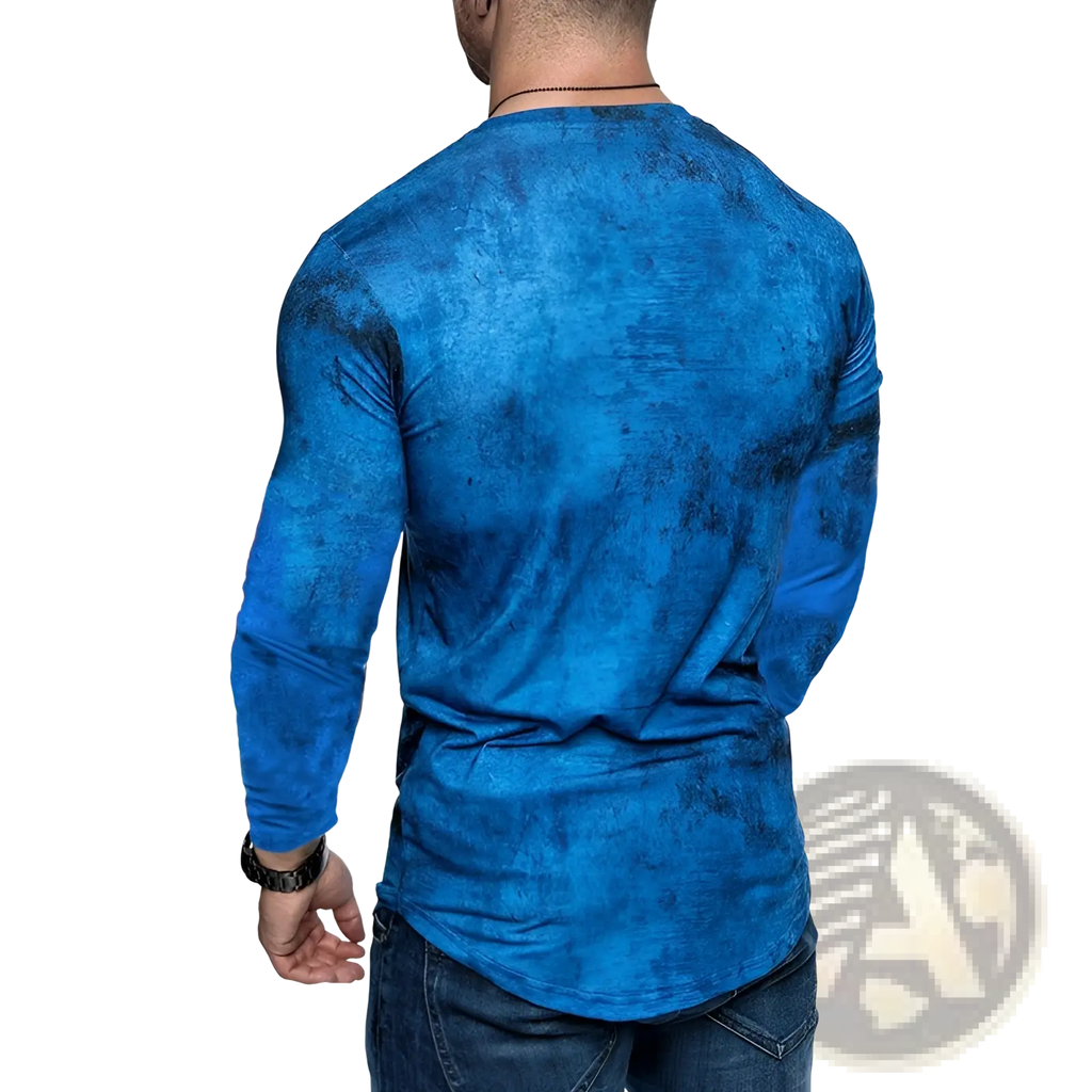 Men’s distressed textured long sleeve t-shirt in blue featuring a soft cotton blend with a worn-in appearance