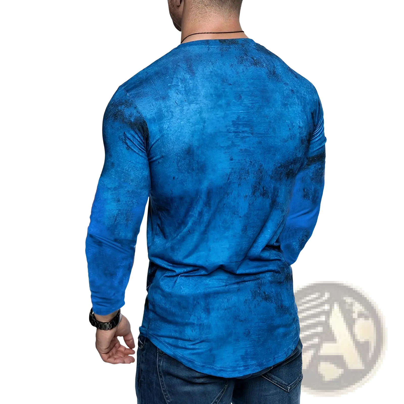 Men’s distressed textured long sleeve t-shirt in blue featuring a soft cotton blend with a worn-in appearance
