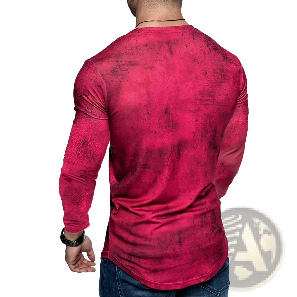 A vibrant red men’s distressed textured long sleeve t-shirt made of soft breathable fabric for casual wear