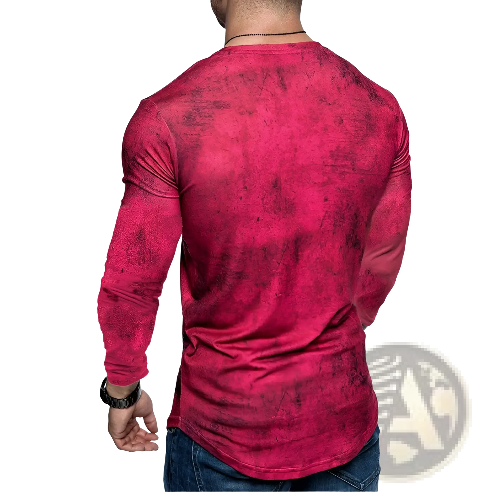 A vibrant red men’s distressed textured long sleeve t-shirt made of soft breathable fabric for casual wear