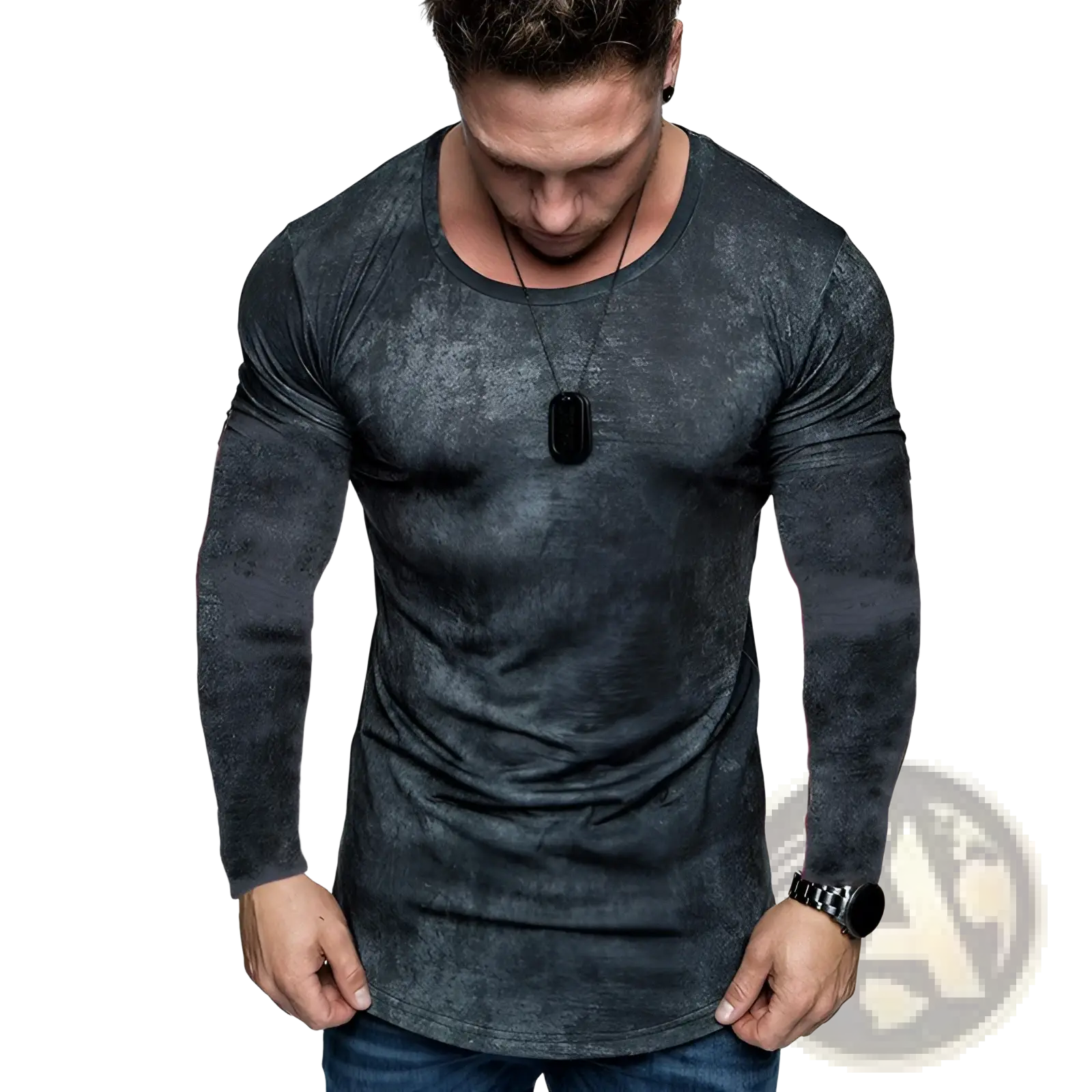 Men’s dark gray fitted long sleeve t-shirt with a subtle distressed textured pattern for casual wear