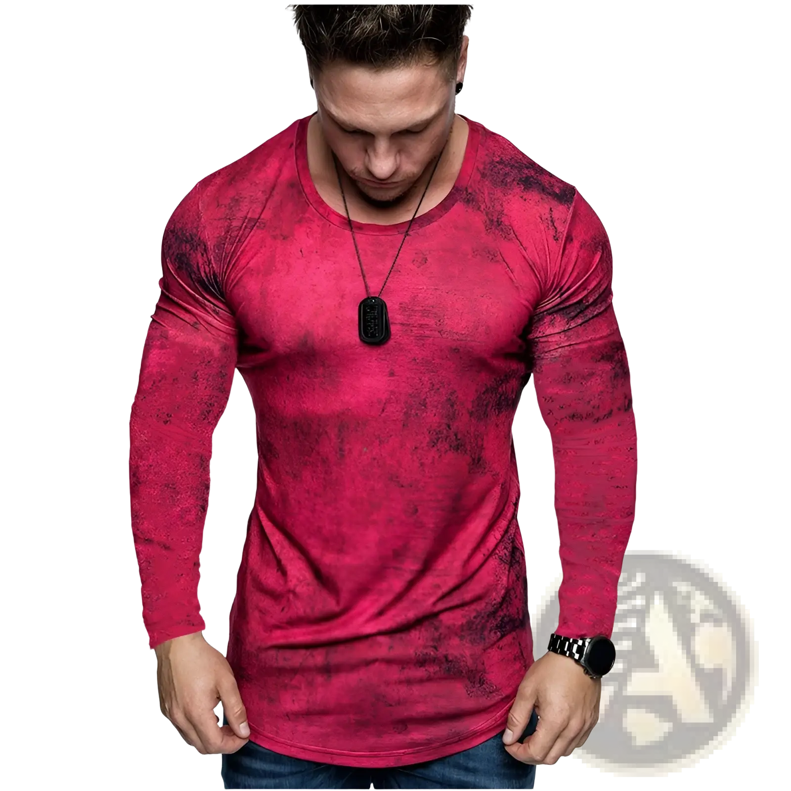 A vibrant red men’s fitted long sleeve t shirt with a distressed black textured pattern for casual wear