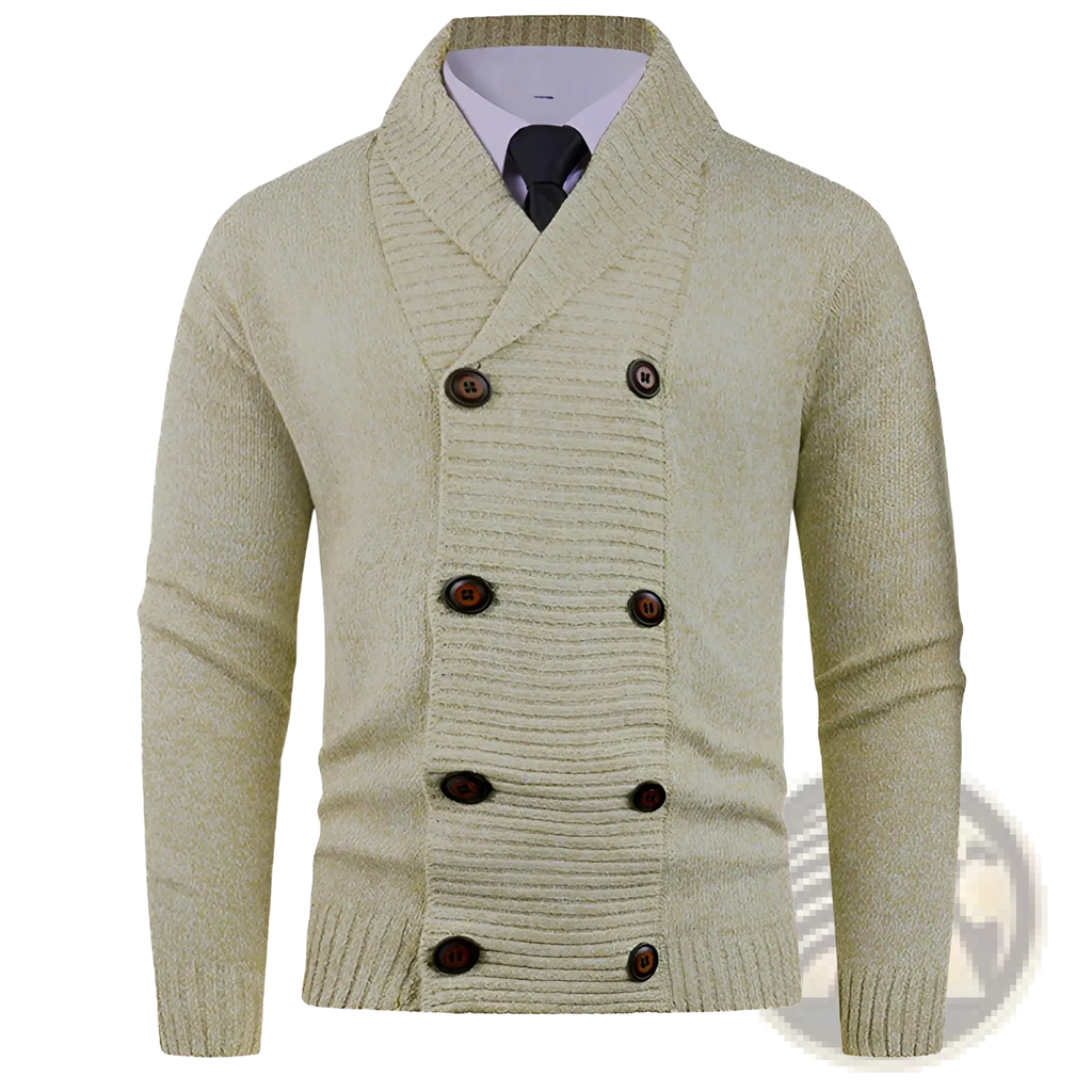 Men’s double-breasted beige knit cardigan with ribbed detailing and dark brown buttons for stylish layering
