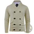Men’s double-breasted beige knit cardigan with ribbed detailing and dark brown buttons for stylish layering