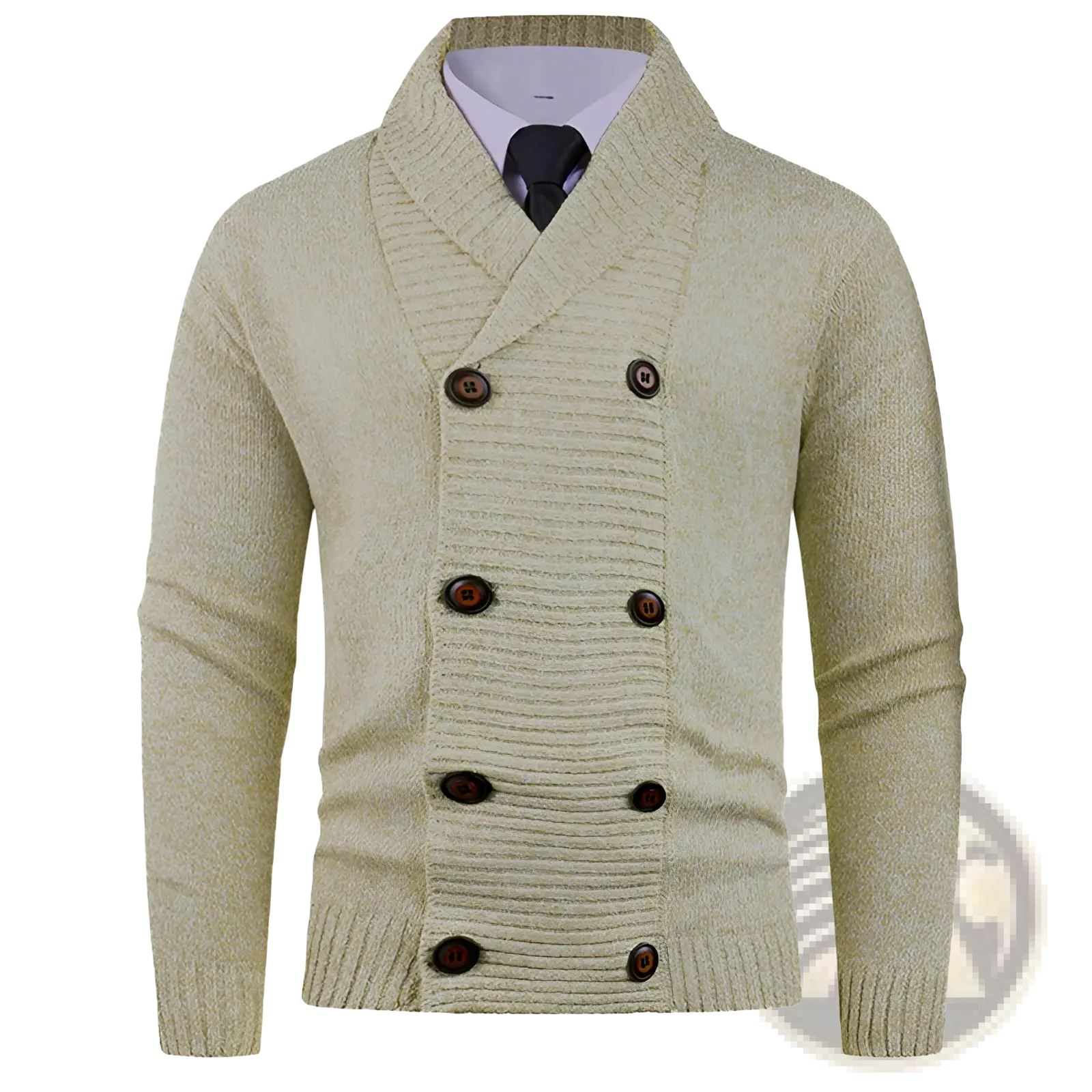 Men’s double-breasted beige knit cardigan with ribbed detailing and dark brown buttons for stylish layering