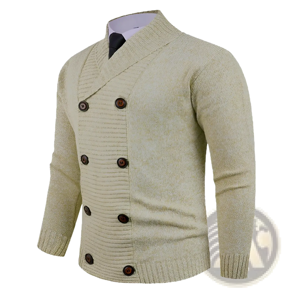 Men’s double-breasted beige knit cardigan with dark brown wooden buttons and ribbed detailing front view