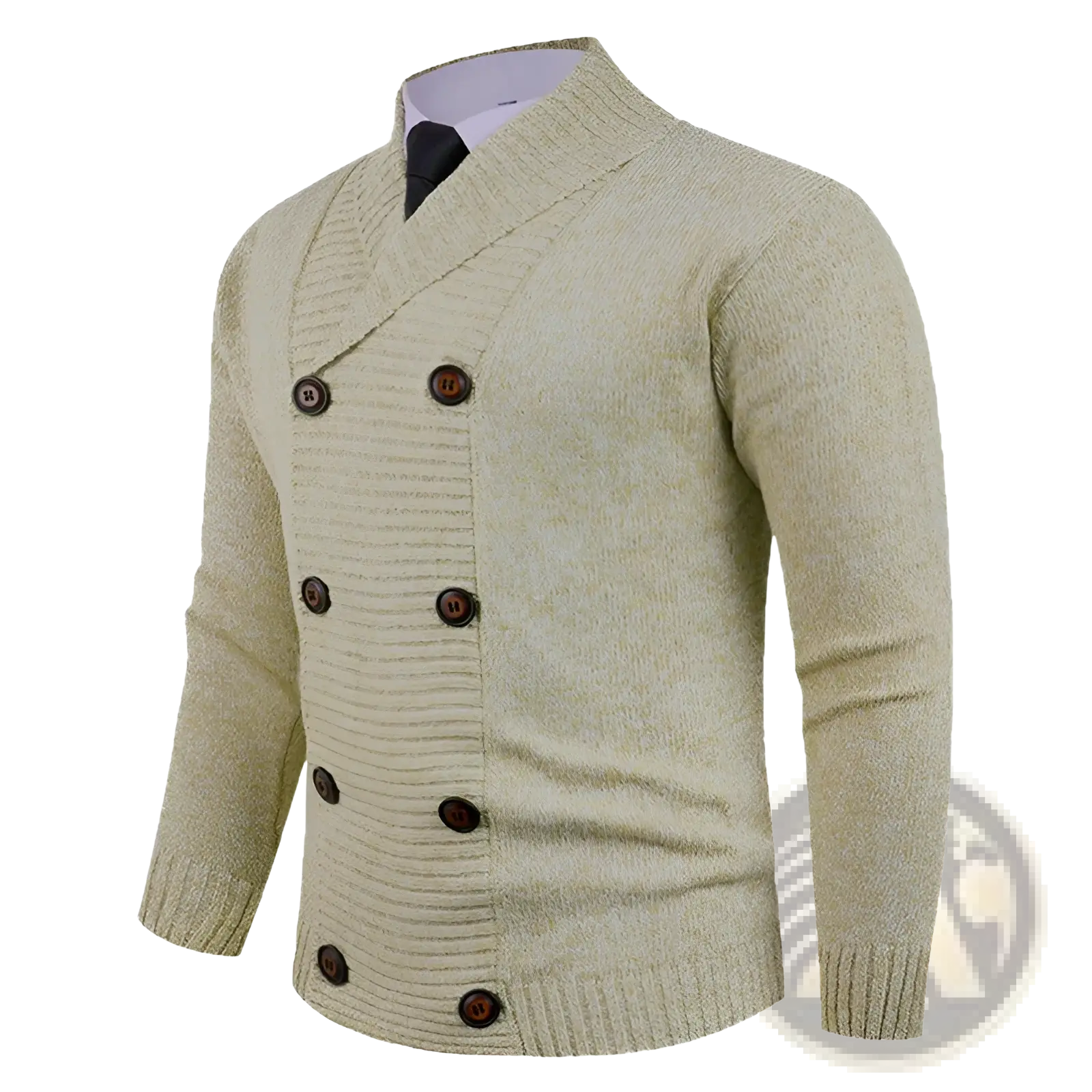 Men’s double-breasted beige knit cardigan with dark brown wooden buttons and ribbed detailing front view