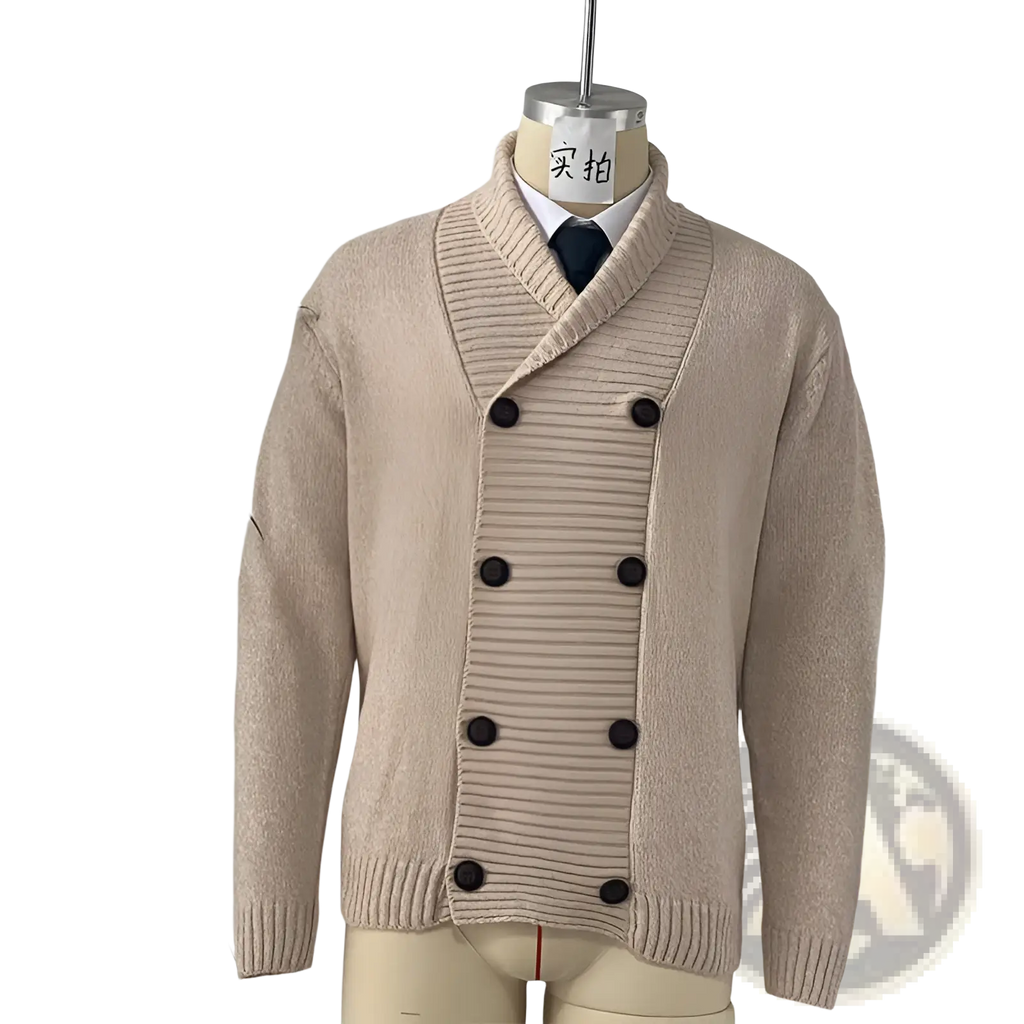 Men’s double-breasted beige knit cardigan with dark brown buttons and ribbed detailing in a soft knit fabric