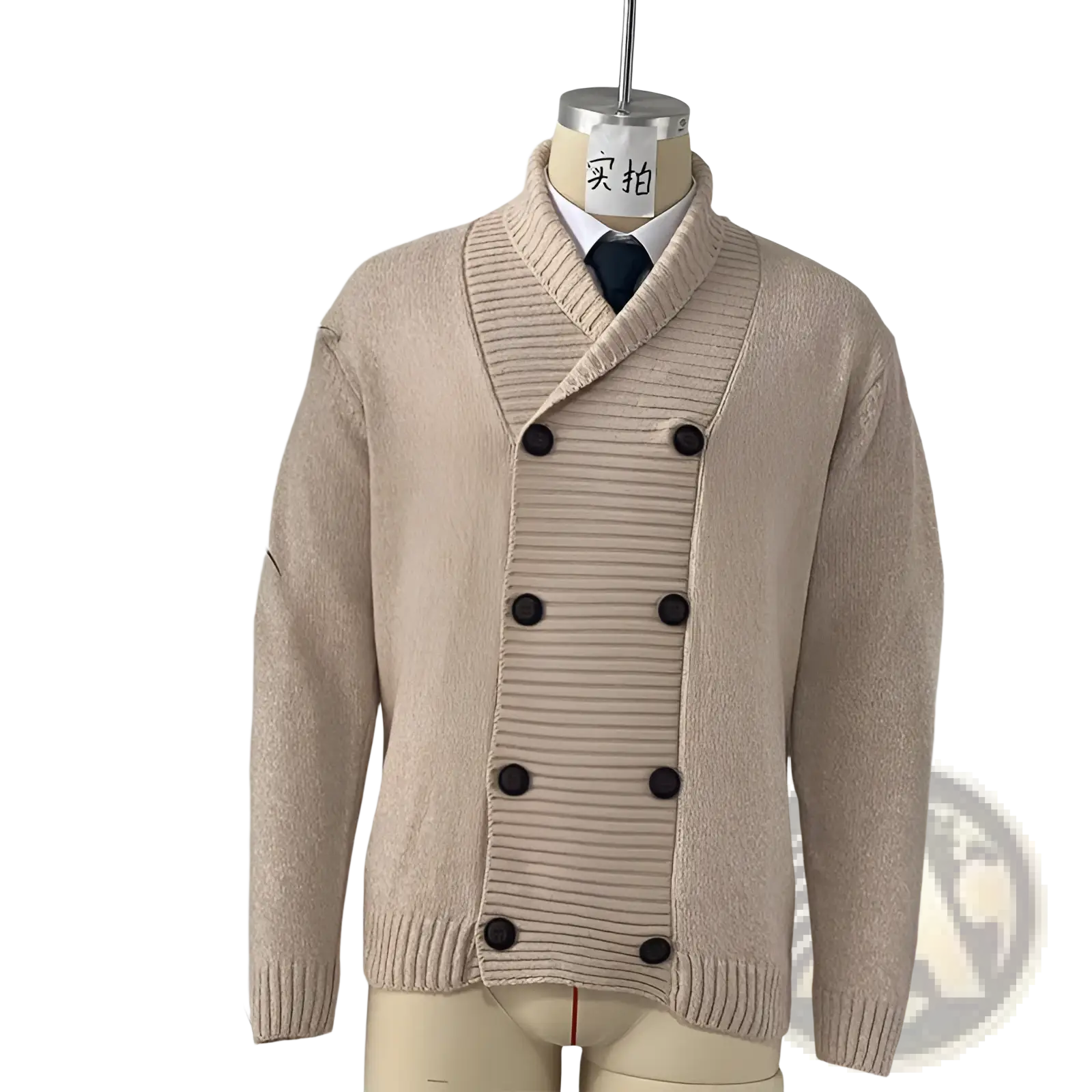 Men’s double-breasted beige knit cardigan with dark brown buttons and ribbed detailing in a soft knit fabric