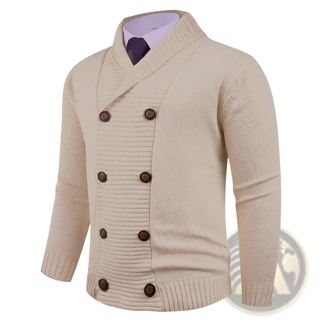 Men’s double-breasted beige knit cardigan with ribbed detailing and dark brown wooden buttons made from soft yarn