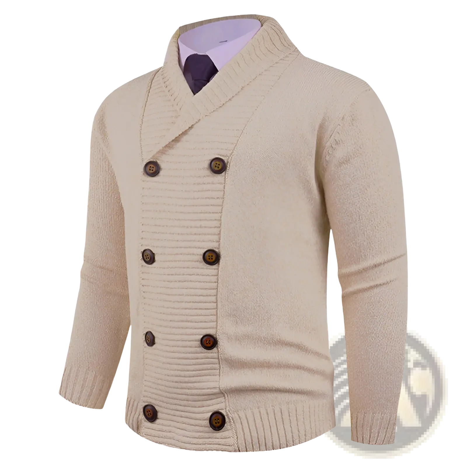 Men’s double-breasted beige knit cardigan with ribbed detailing and dark brown wooden buttons made from soft yarn