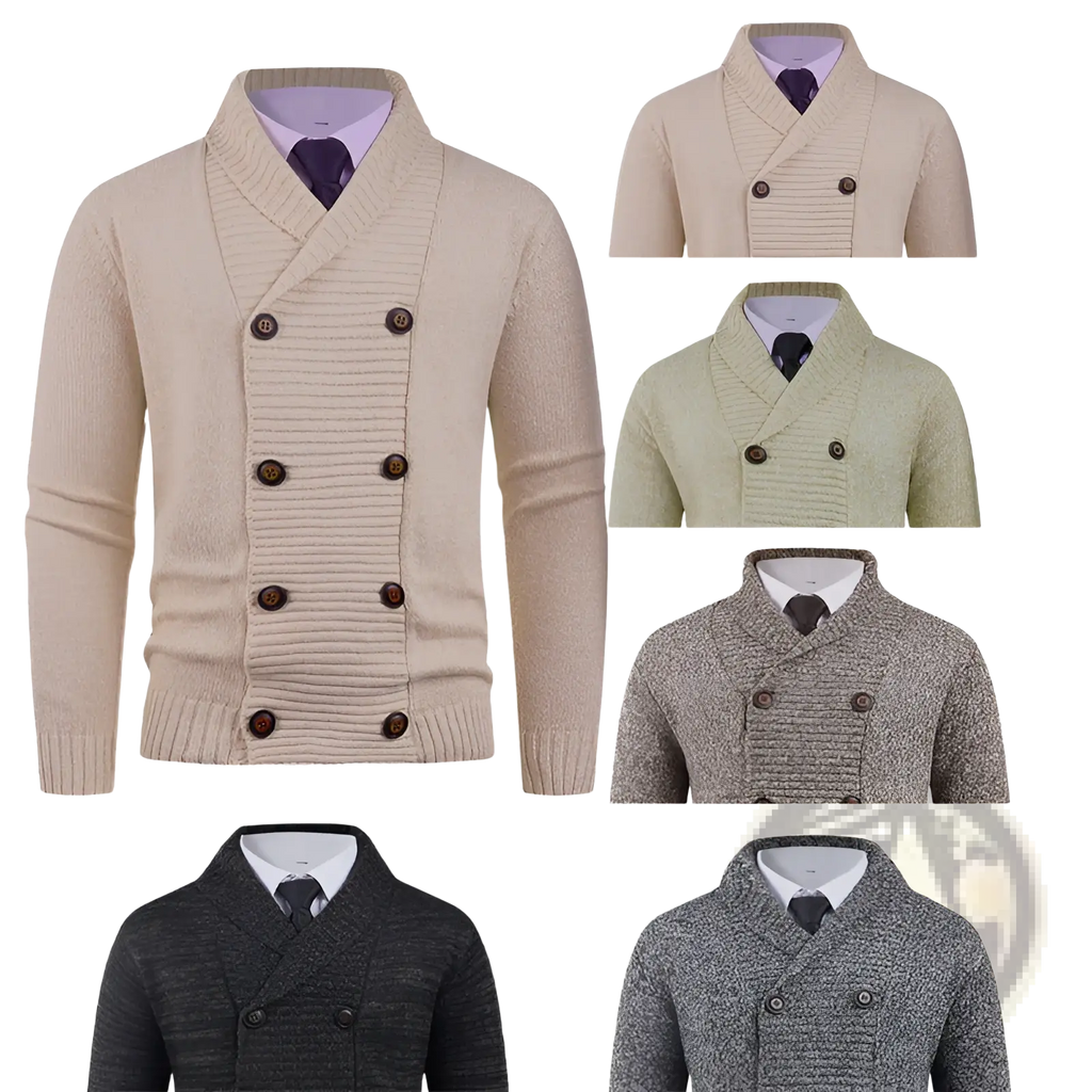 Beige men’s double-breasted knit cardigan with ribbed detailing and dark brown buttons made from soft material