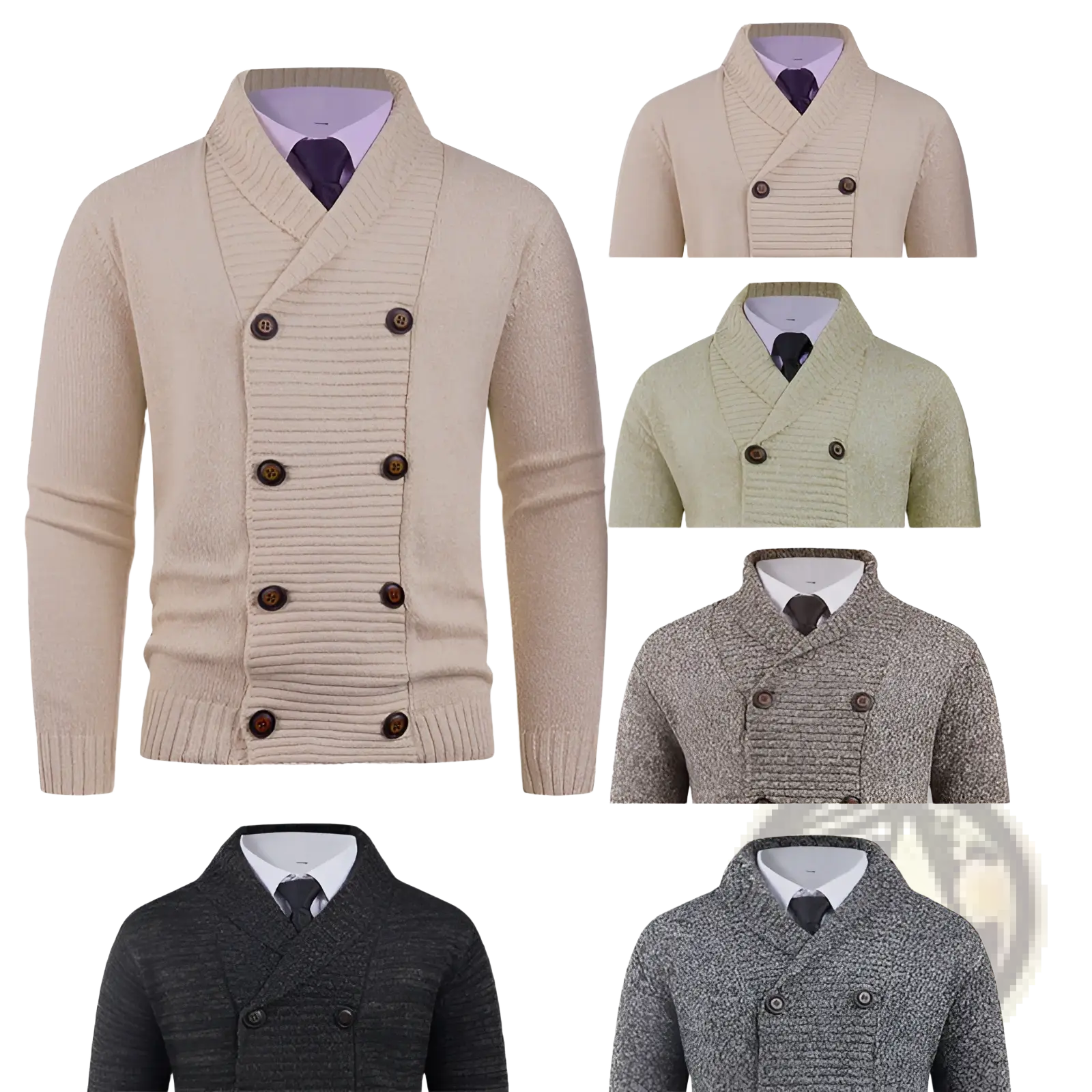 Beige men’s double-breasted knit cardigan with ribbed detailing and dark brown buttons made from soft material